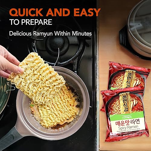 Miniatura 4 de Pulmuone - Fideos coreanos Ramyun no fritos, paquete de 4 fideos instantáneos coreanos sabor picante, fácil de cocinar, auténtico ramen coreano con