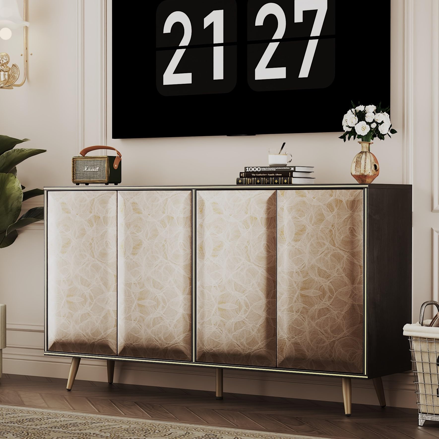 LZLUOB Sideboard Buffet Cabinet with Raised Shaped & Geometric Line Texture Door Panel, Accent Storage Cabinet for Living Room (Cabinet Body- Black