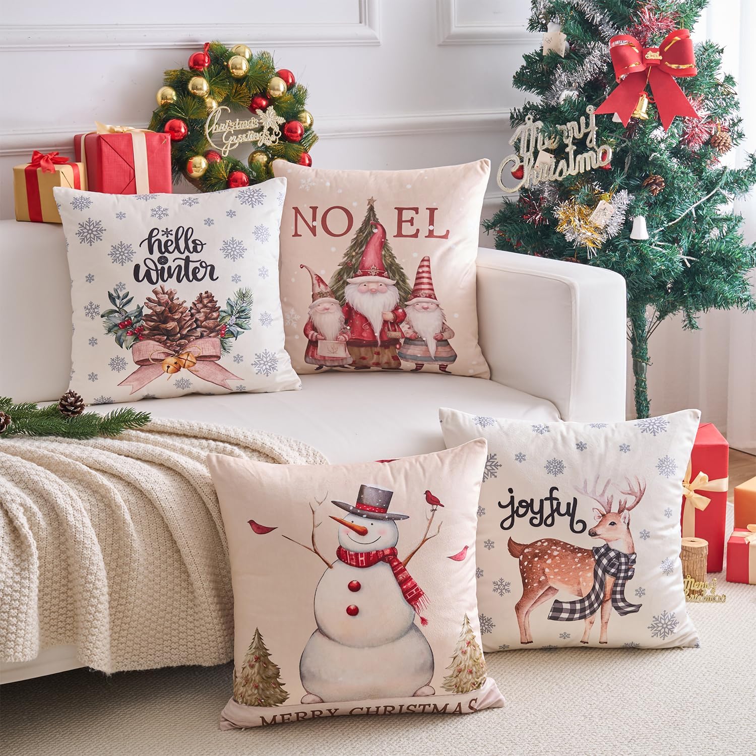 Christmas Throw Pillow Covers Set of 4 for Living Room, Soft & Cozy Velvet, Snowman, Star, Snowflake, Tree Cushion Cover, Festival Sytle Decorative Home (Christmas, 20x20 Inch)