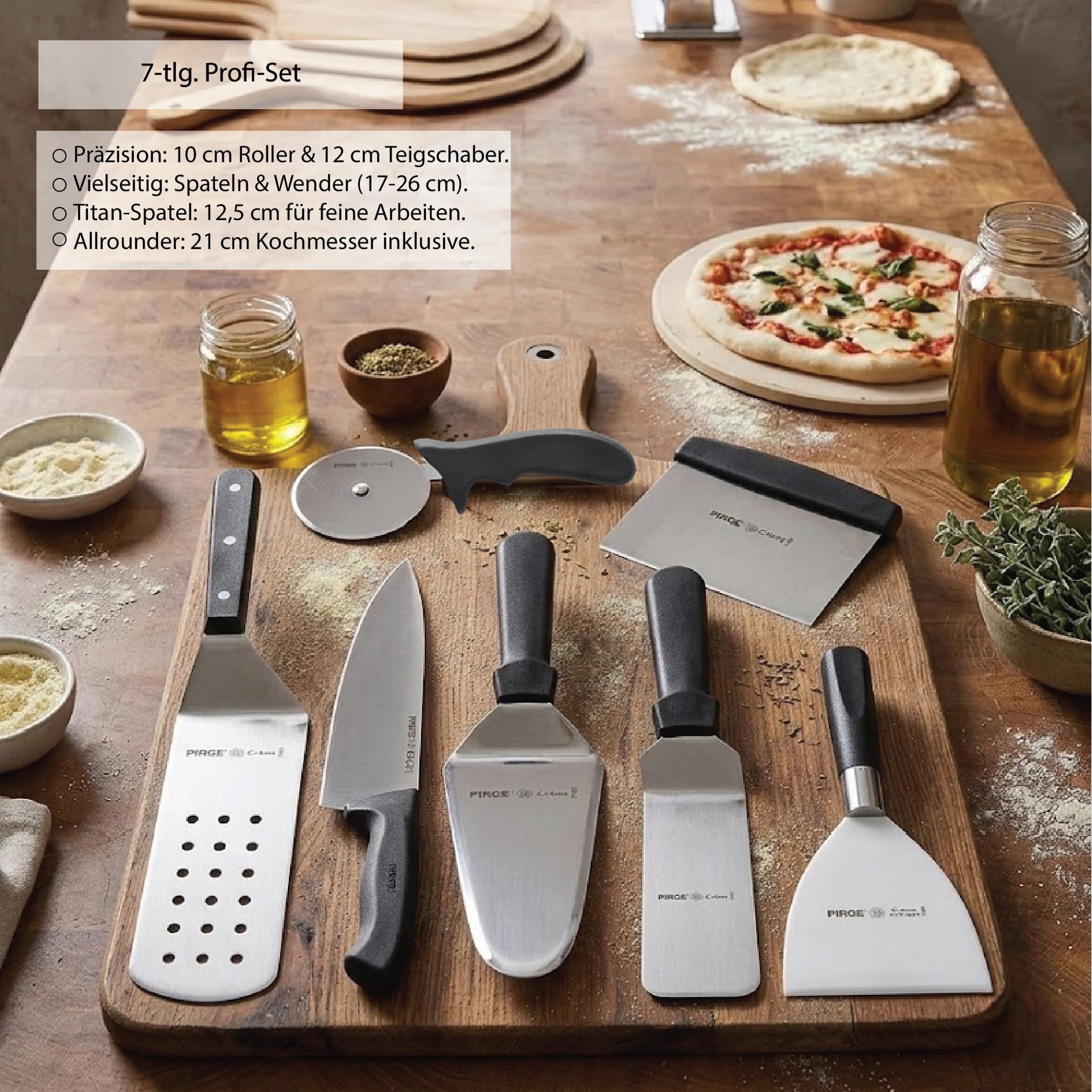 Set di utensili per pizzeria Pirge - Set professionale in acciaio inox da 7 pezzi per pizzaioli - Rotella per pizza, spatola, raschietto per impasto, coltello da chef e altro - Manico ergonomico