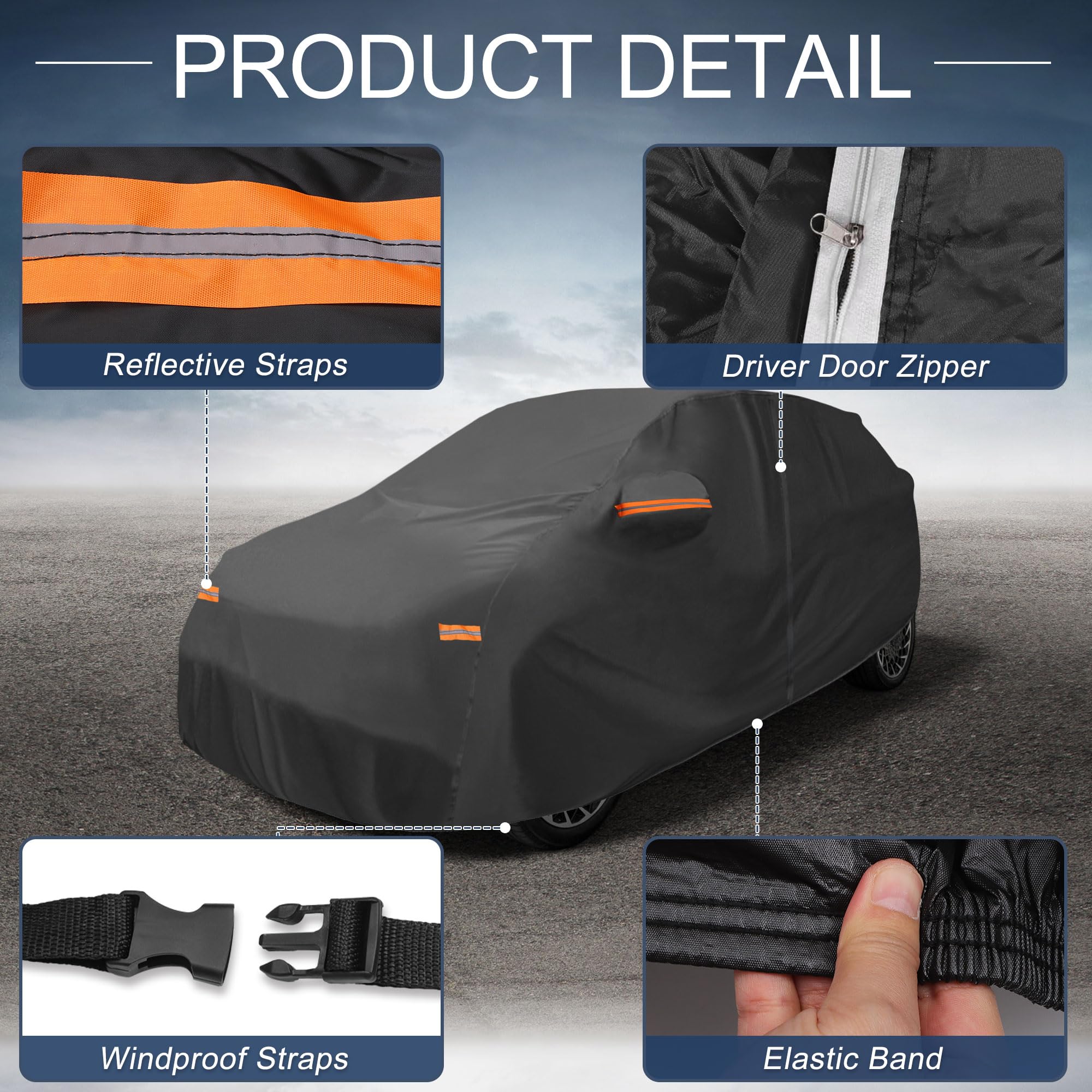 X AUTOHAUX Car Cover Outdoor Waterproof Sun Rain Snow Hail Protection with Left Side Door Zipper 210D-PU for — view 6