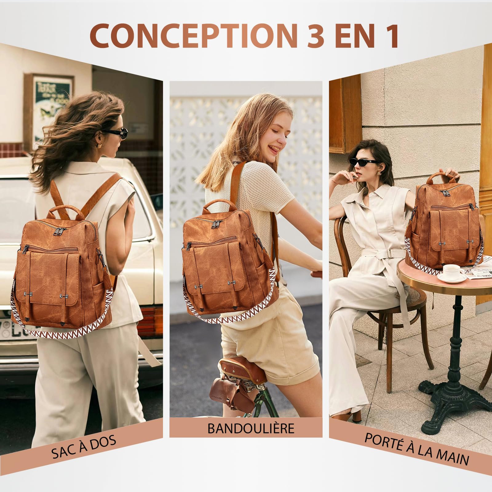Leathario Sac a Dos Antivol Femme en Cuir Vegan, Sacs à Main Portés Dos Imperméable Elegant Leger, Backpack pour Voyage L'école Travail Université Collège Shopping