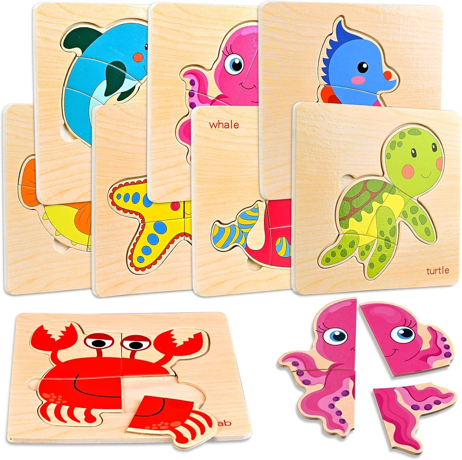 8pcs Wooden Puzzles for Toddlers 1-3, Toddler Puzzles Ages 2-4