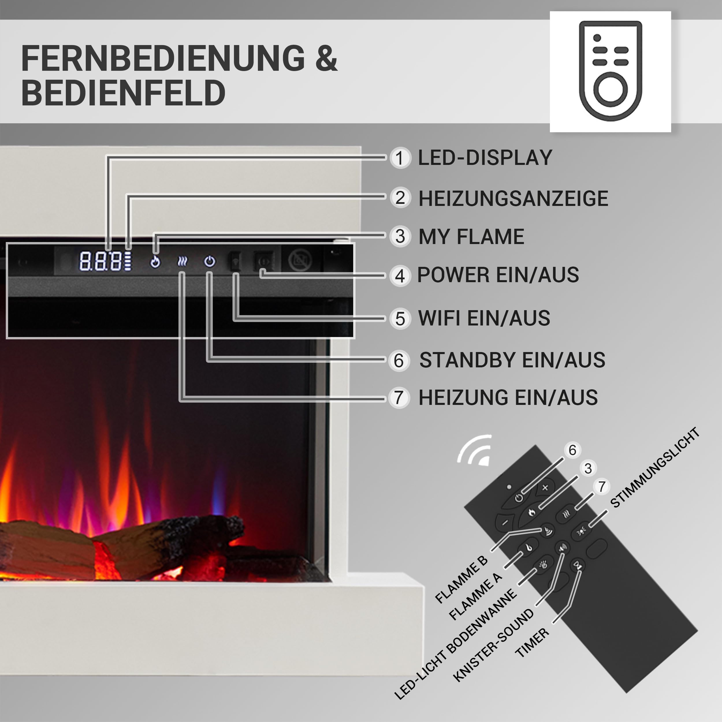 BALDERIA Camino elettrico Achilles L | Camino elettrico da parete con effetto fiamma 3D | Riscaldamento 1500 W, illuminazione a LED, WiFi, controllo app, suono scoppiettante, telecomando, timer e
