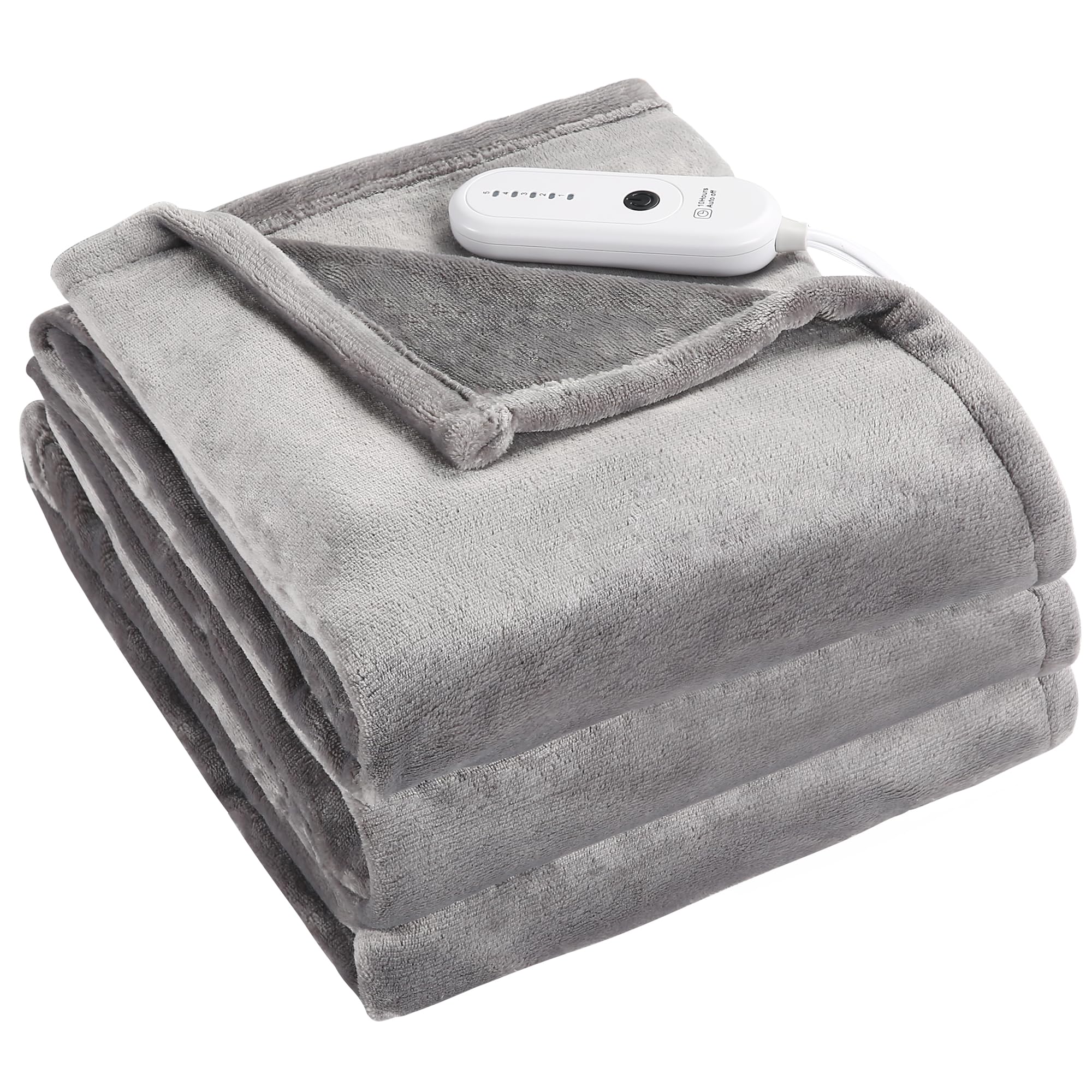 Electric Blanket Twin Heated Blanket, 62" x 84" Fast Heating Blanket with 5 Heating Levels & 10 Hours Auto Off, Soft Flannel Electric Heated Blanket with Machine Washable for Whole Body, Silver Gray