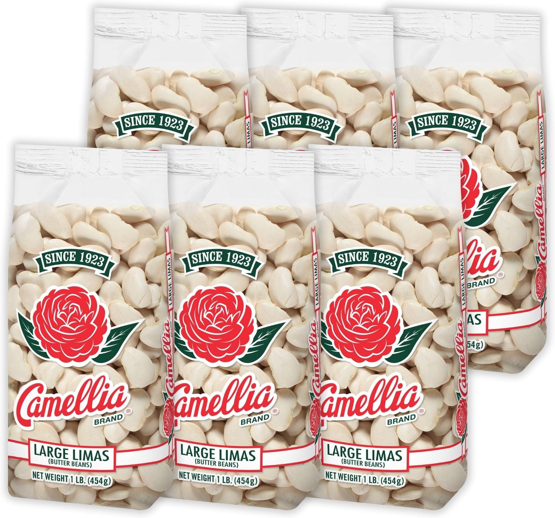 Camellia Brand Dried Large Lima Beans – Premium White Butter Beans for Southern Cooking, Soups, Stews & Casseroles – Non-GMO, Gluten-Free, Vegan, Vegetarian, High Protein, High Fiber, 1 Pound (Pack of 6)