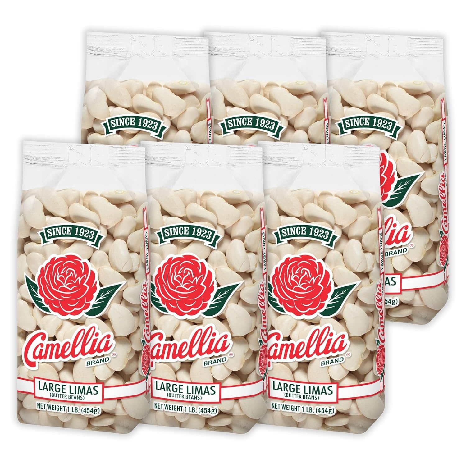 Camellia Brand Dried Large Lima Beans – Premium White Butter Beans for Southern Cooking, Soups, Stews & Casseroles – Non-GMO, Gluten-Free, Vegan, Vegetarian, High Protein, High Fiber, 1 Pound (Pack of 6)