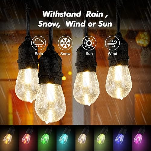 Miniatura 6 de Guirnalda de luces para exteriores de 24 pies, 12 bombillas LED Edison inastillables, regulables, RGB que cambian de color, luces impermeables