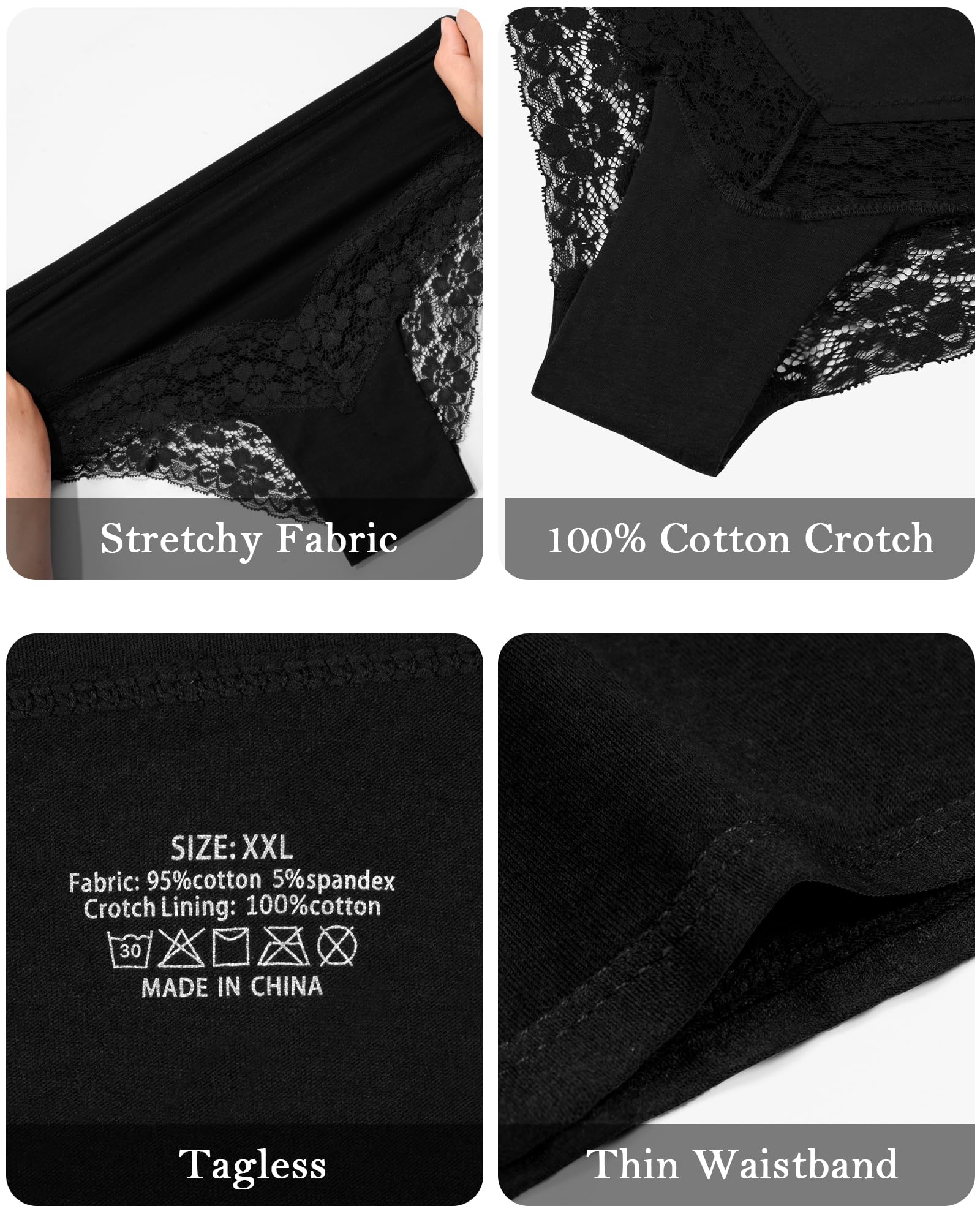 OLIKEME Ropa interior de cintura alta para mujer, de algodón, sexy, con encaje, invisible, suave, elástica, paquete de 3