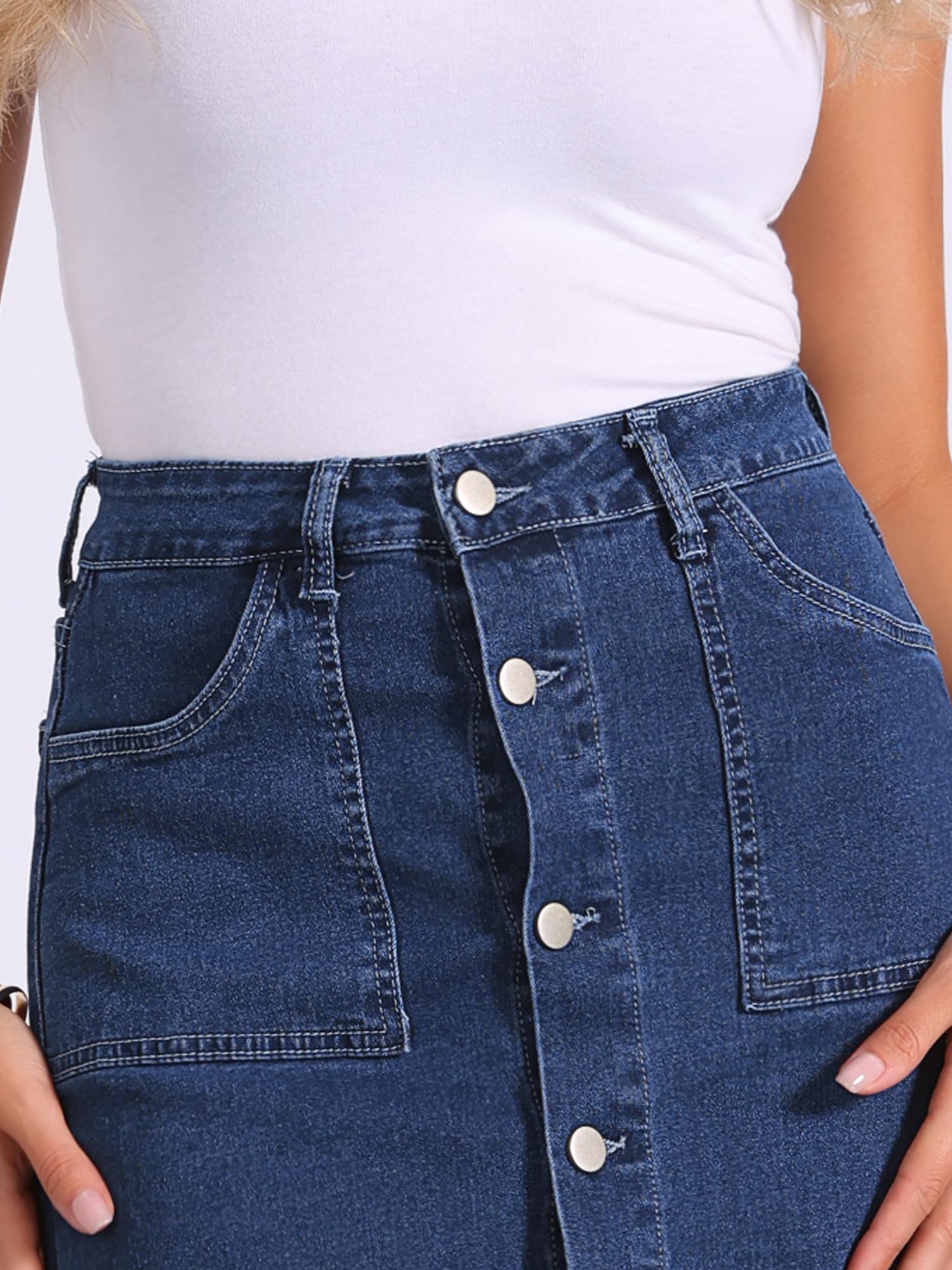 Allegra K Femme Jupe Jean Midi Taille Haute avec Poches | Boutonnée devant Ourlet Effiloché Silhouette Polyvalente pour le Quotidien Sorties Plage Week End