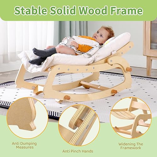 Miniatura 5 de MallBest Silla mecedora ajustable de madera 3 en 1 con cojín extraíble y cinturón de seguridad para bebés y niños pequeños (beige)