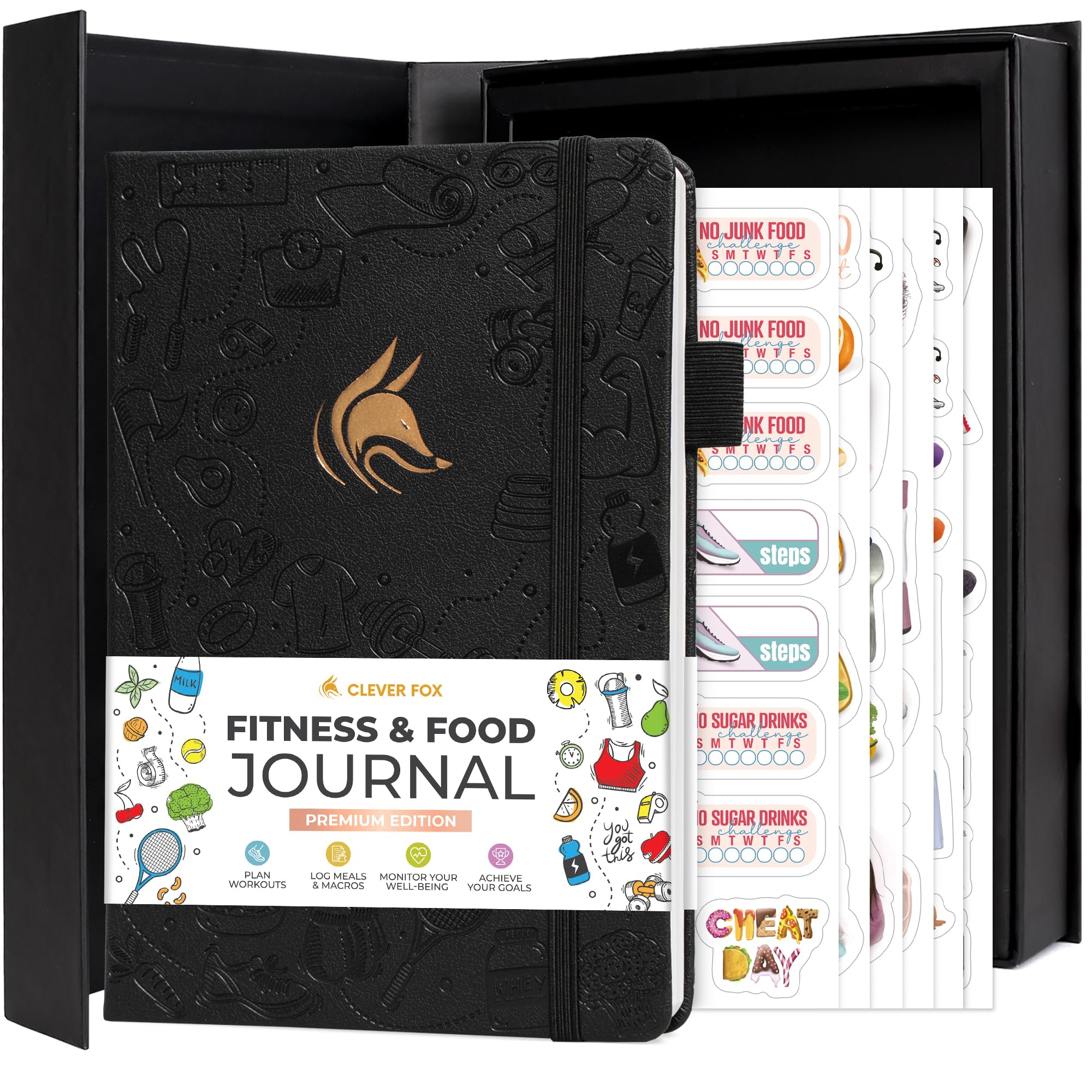 Clever Fox Fitness and Food Journal Premium – Guided Daily Workout, Meal & Weight Loss Tracker for Women & Men – Exercise Diet Planner (Black)