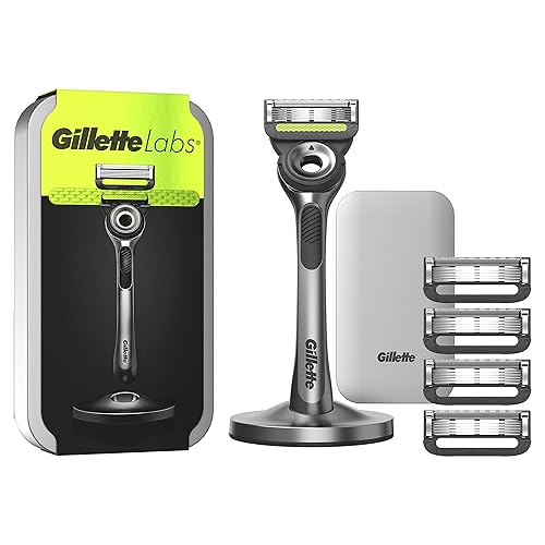 Gillette LABS RASOIO UOMO,con 5 LAMETTE DA BARBA di Ricambio, BASE MAGNETICA e BARRA INTEGRATA Elimina Impurità Pelle,Rasatura Facile,Comfort Ottimale, Manico Confortevole, CUSTODIA DA VIAGGIO,Grigio