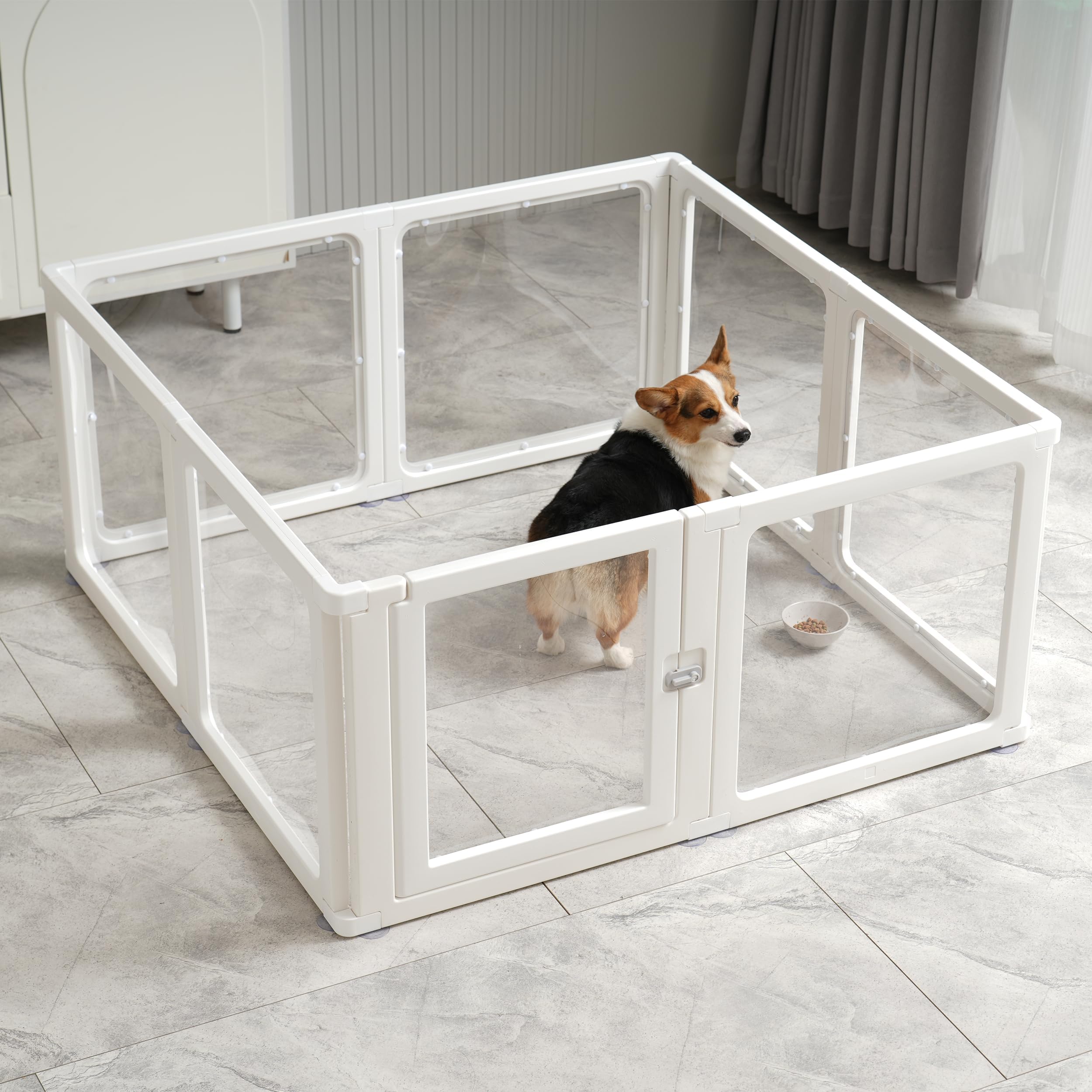 8 Welpenlaufstall Faltbar mit abschließbarer Tür, 120X120X60cm hoch, Welpenauslauf Indoor Transparent, Laufstall Hund für Katzen, Hunde, Kaninchen und kleintiere, rutschfest, weiß