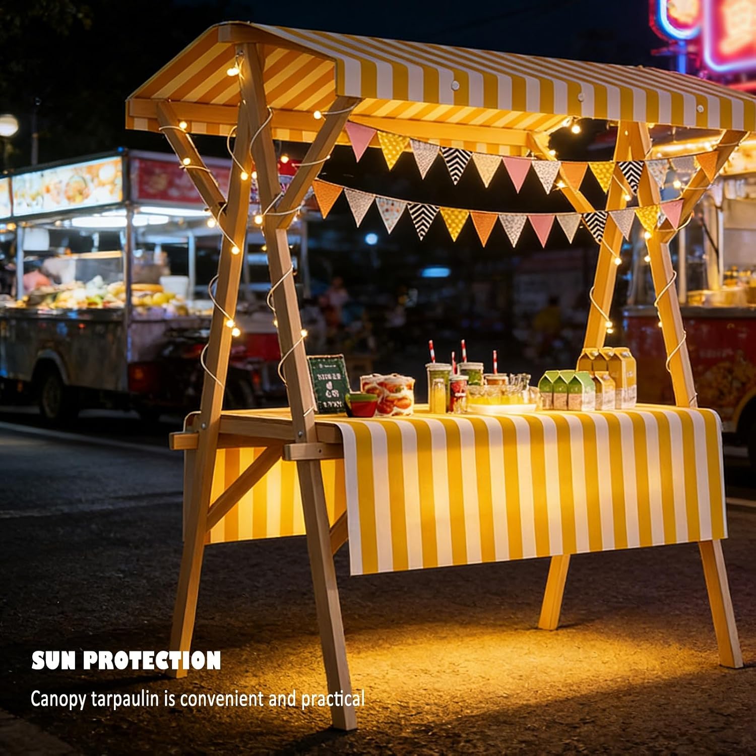 Portable Foldable Wooden Market Stall Display Table with Sun Canopy, Detachable Bunting & Tablecloth, Ideal Vendor Cart for Outdoor Markets & Craft Shows (Blue, 47.2in/120cm)