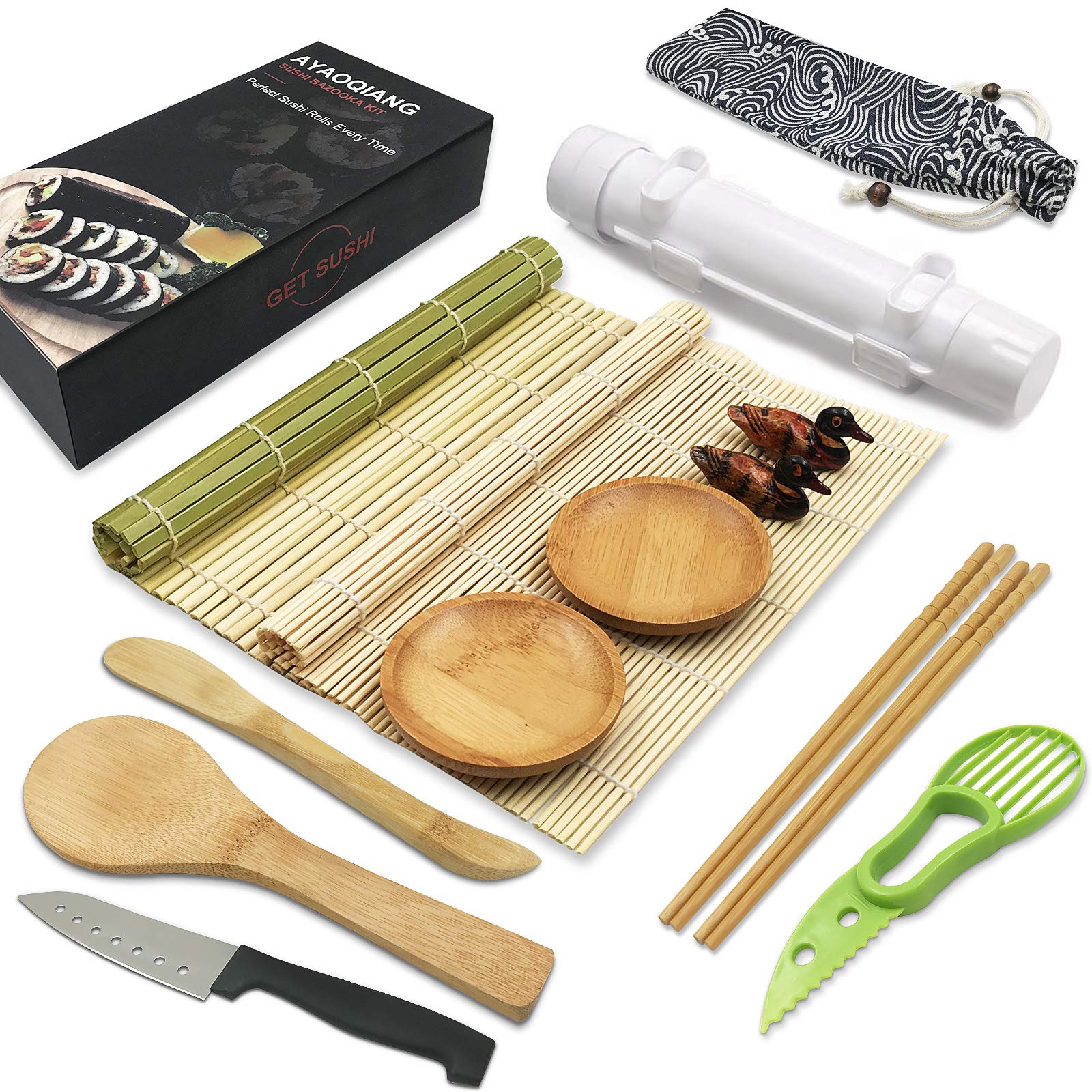 BeCeLe Sushi Making Kit, All In One Sushi Bazooka Maker with Sushi Rolling Bamboo Mats,Chopsticks,Sauce Dishes