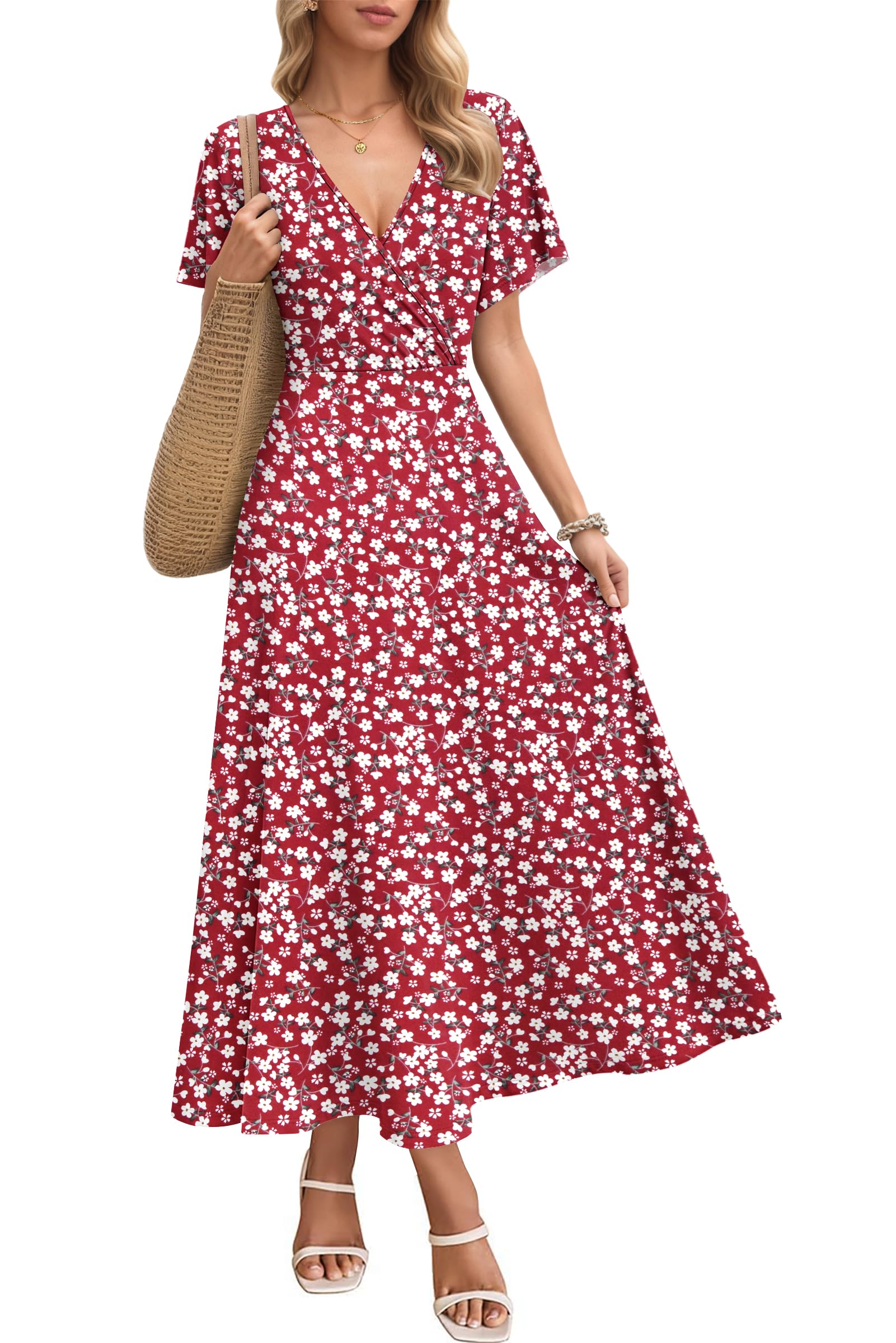 AUSELILY Maxikleider Damen Sommer Kleid Lässig Hohe Taille Lockere Passform Mit Taschen