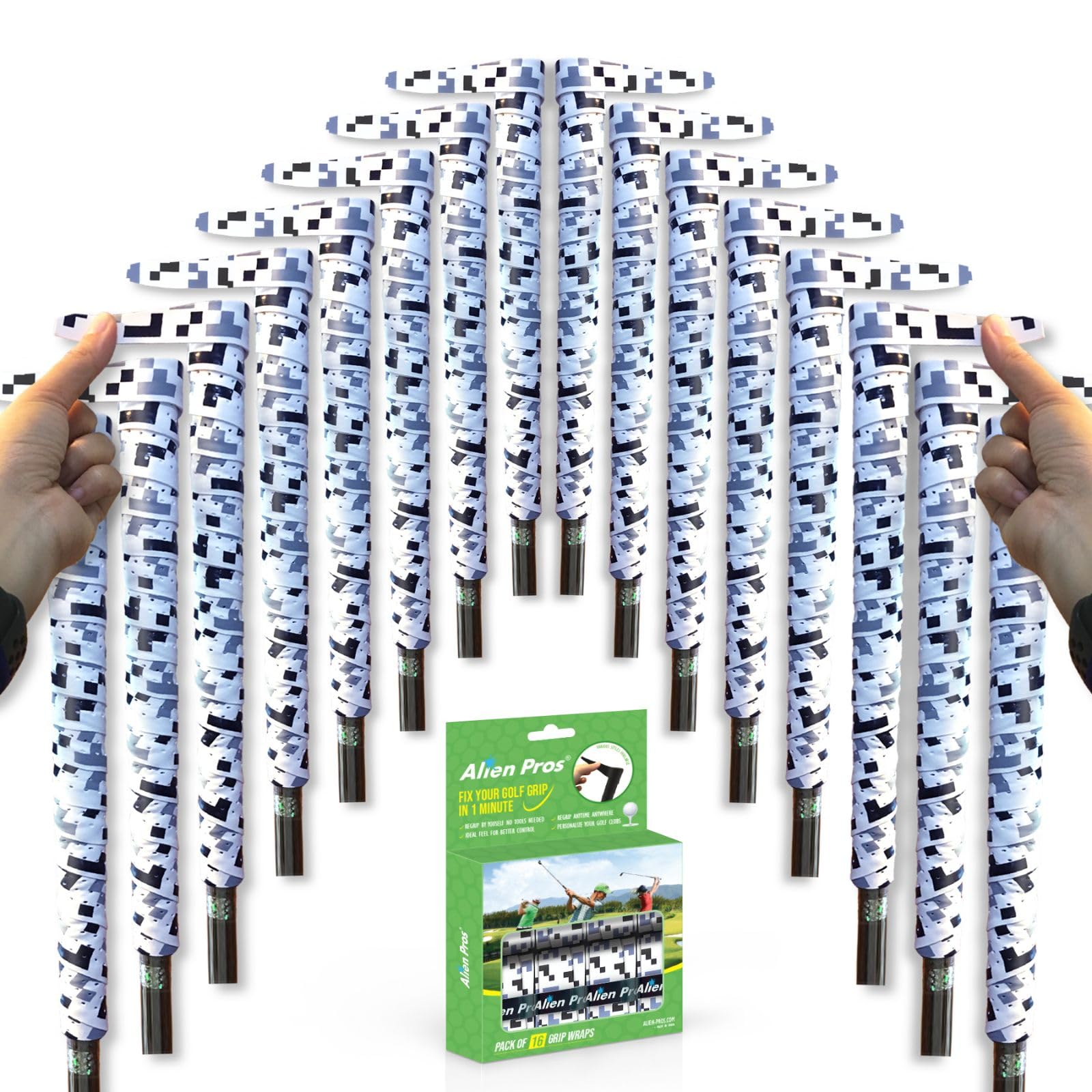 ALIEN PROS Golf Grip Wrapping Tapes (16-Pack) - Innovative Golf Club Grip Solution - Enjoy a Fresh New Grip Feel in Less Than 1 Minute (16-Pack, Black White Teris)