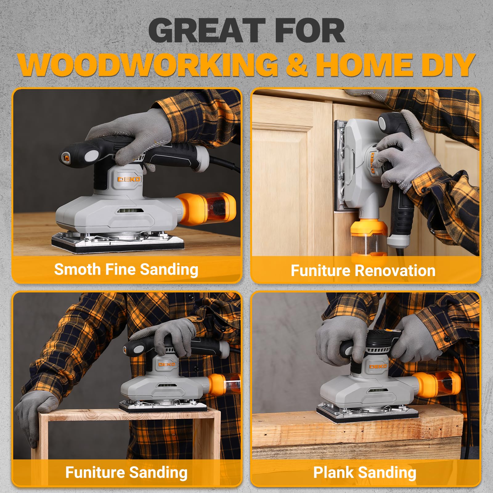 DEKOPRO Levigatrice orbitale da 280 W, 6 velocità, disco abrasivo da 90 x 187 mm, include 15 fogli abrasivi, adatta per progetti di bricolage in legno