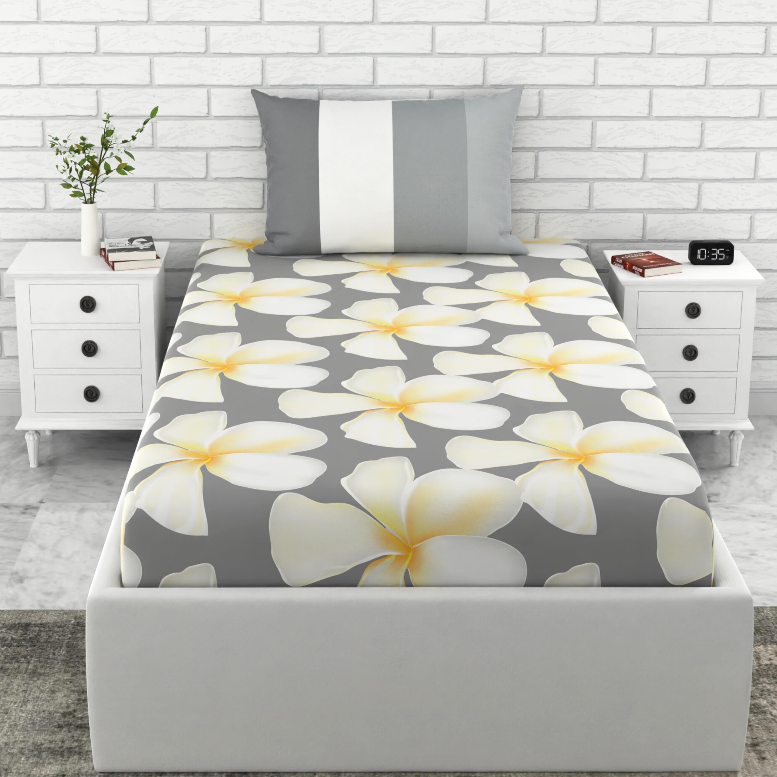 LORETO - A QUALITY LINEN BRAND 100% Cotton Bedsheet for Single Bed, 1 Single Bedsheet with 1 Pillow Cover | 144 TC Single Bedsheet Cotton, Grey and White Flower (B07QX8Z2Y9) Amazon Price History, Amazon Price Tracker