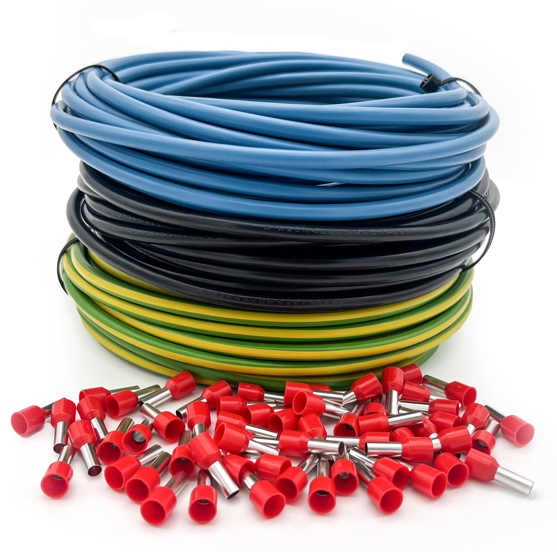INVOLT Juego de Cables H07V-K con 100 Punteras Estanadas, Cable de Cobre 10 mm², 3 x 15 m Cables Individuales, Negro, Azul, Verde-Amarillo, Conforme VDE, Fabricado en Alemania