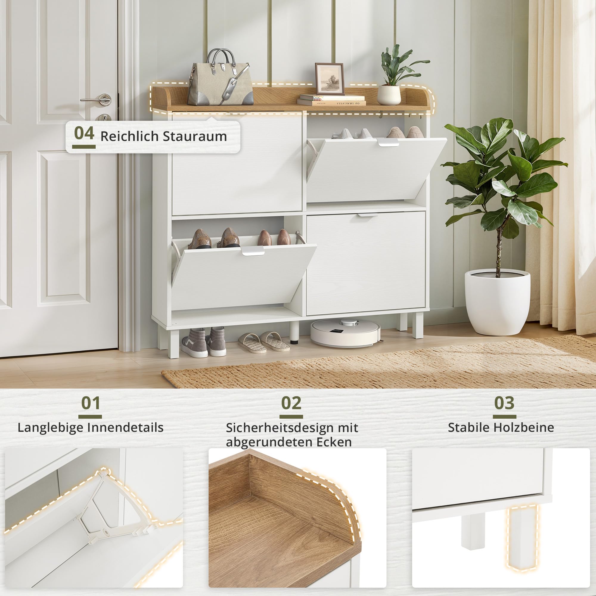 LUE BONA Schuhschrank schmal, Schuhschrank mit 4 Flip-Klappen, Schuhkipper mit Holzfüßen, Schuhregal Geschlossen Shoe Cabinet für Flur, Eingang, Diele, Garderobe, 100x91.5x19cm, Weiß