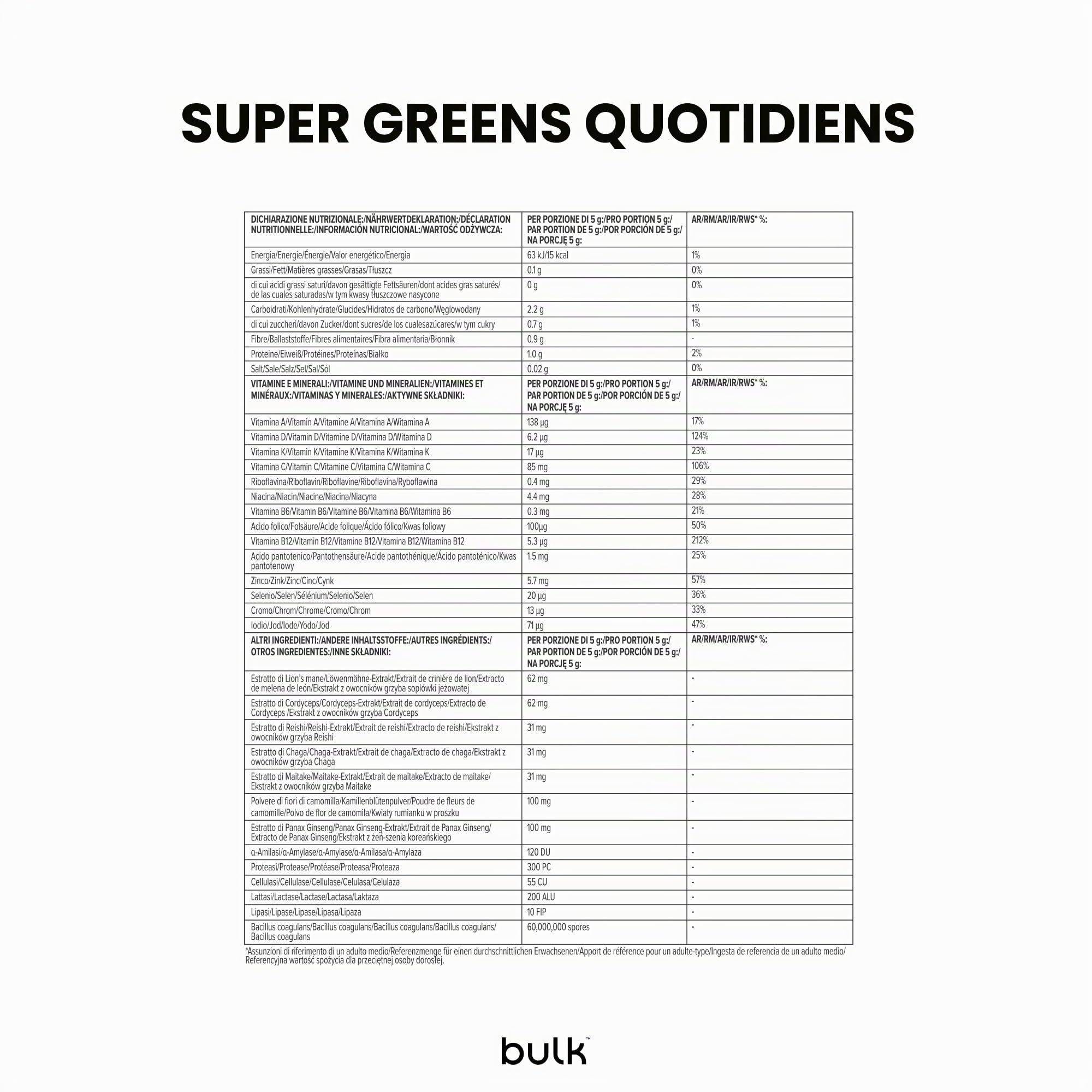 Bulk Everyday Super Greens Poudre | Thé Pêche Glacé | 60 Portions | Avec 50 Vitamines, Minéraux & Superaliments | Riche en Vitamine C, D & B12 | Soutient Immunité & Bien-être