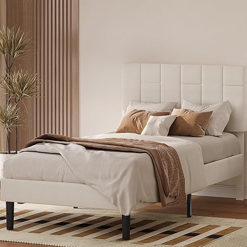 LIKIMIO Twin XL Bed Frame with Headboard, Modern Upholstered Platform Bed with Headboard and Wood Slat Support, Noise-Free, No Box Spring Required, Beige