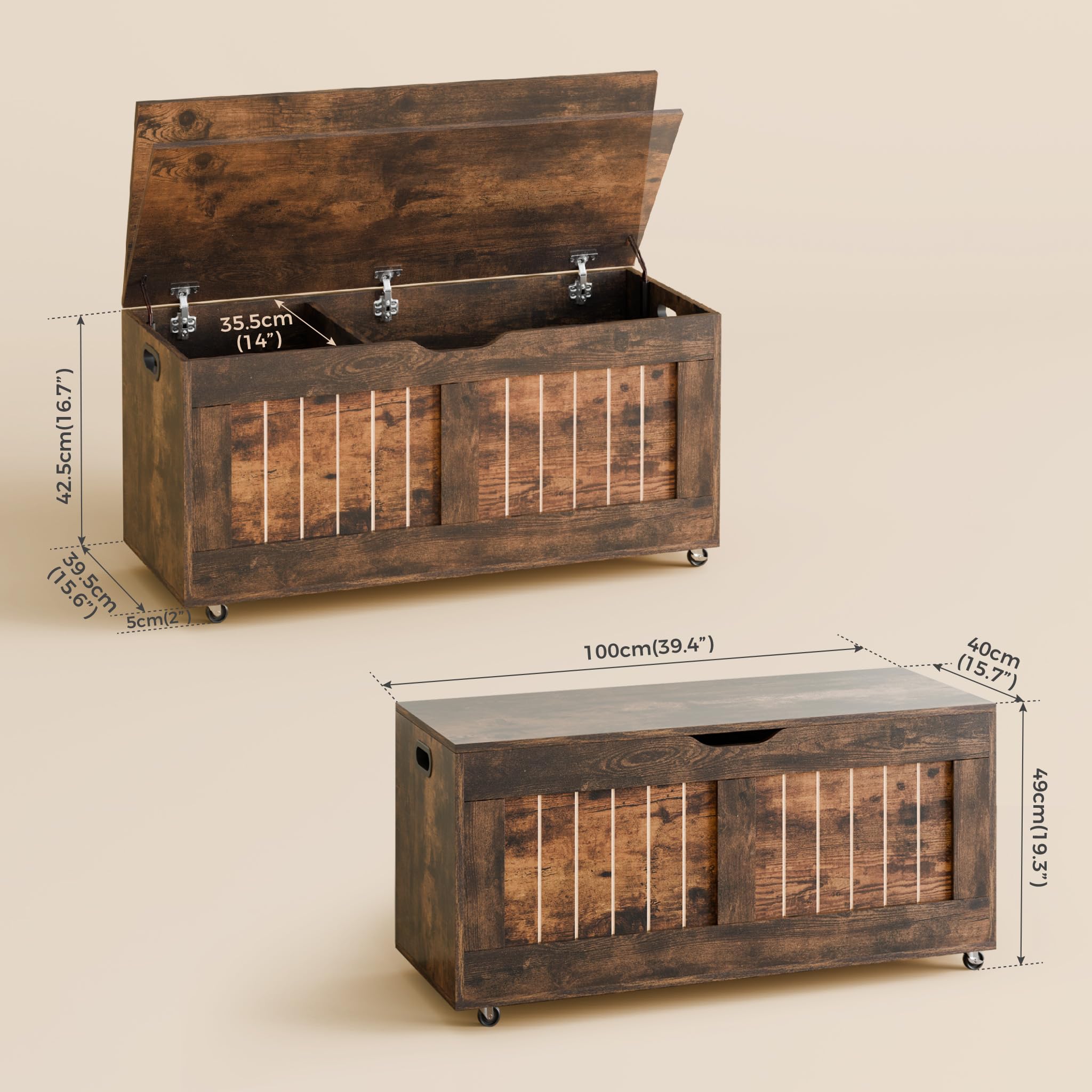 Mondeer Baúl de Almacenamiento, Banco de Almacenamiento con 4 Ruedas, Caja de Manta con 2 bisagras de Seguridad, Estilo Moderno, para Pasillo, Dormitorio, Sala de Estar, 40 x 100 x 49 cm, marrón