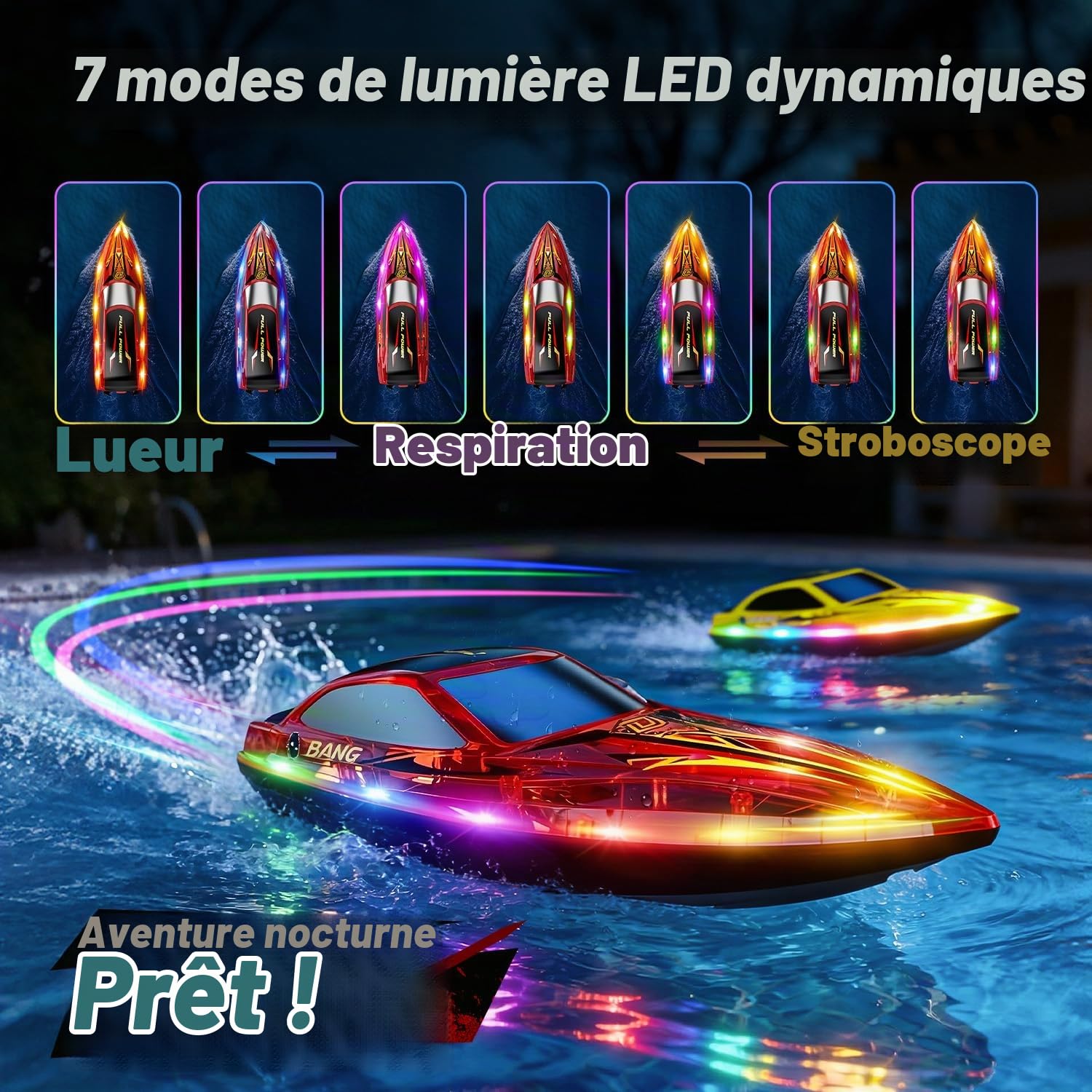 DEERC Lot de 2 Bateau Télécommandé Enfants, Bateau RC Rapide avec 4 Batteries Rechargeables, Jusqu'à 120 Min d'Autonomie, 7 Modes d'Éclairage LED, Redressement Automatique, 2,4 GHz Piscine et Lac