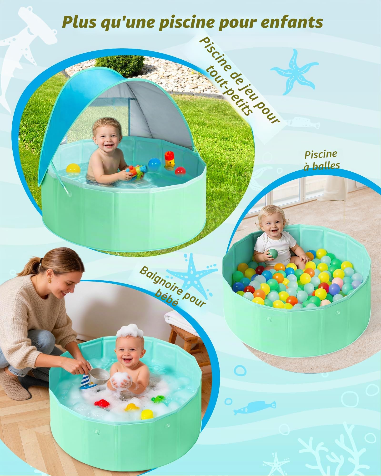 Hikiddy Piscine pour enfants pliable avec auvent : piscine bébé de 80 cm (Bleu & Menthe, 80 cm)