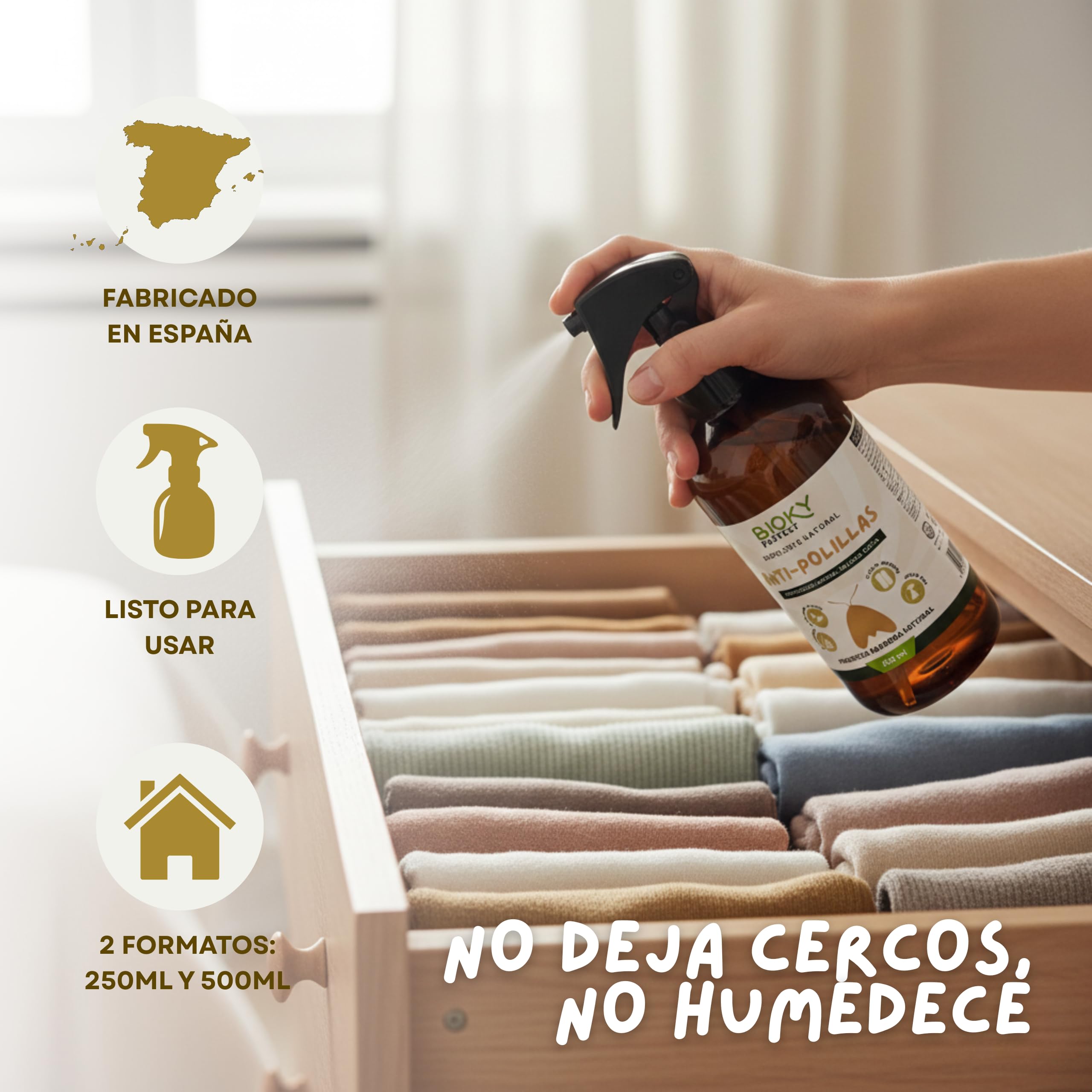Protect | Spray Anti-Polillas para Ropa 500ml | Repelente Ideal para Armarios, Cajones y Fibras Naturales | con Aceites Naturales | x10 veces Más Concentrado | No Mancha