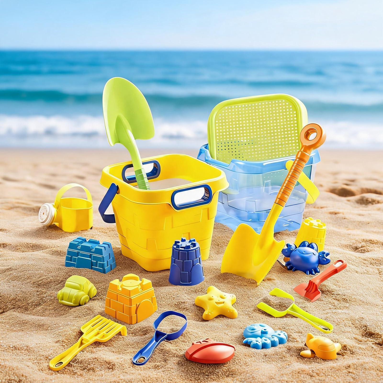 Shore Spielspielzeug Set, 20-teiliges Eimer und Sandwerkzeug Set mit Schaufeln, Gießkanne, Siebdeckel und Formteilen für Strandtage und Sandkastenspaß, Strandspielzeug, Sandspielzeug, Eimer,