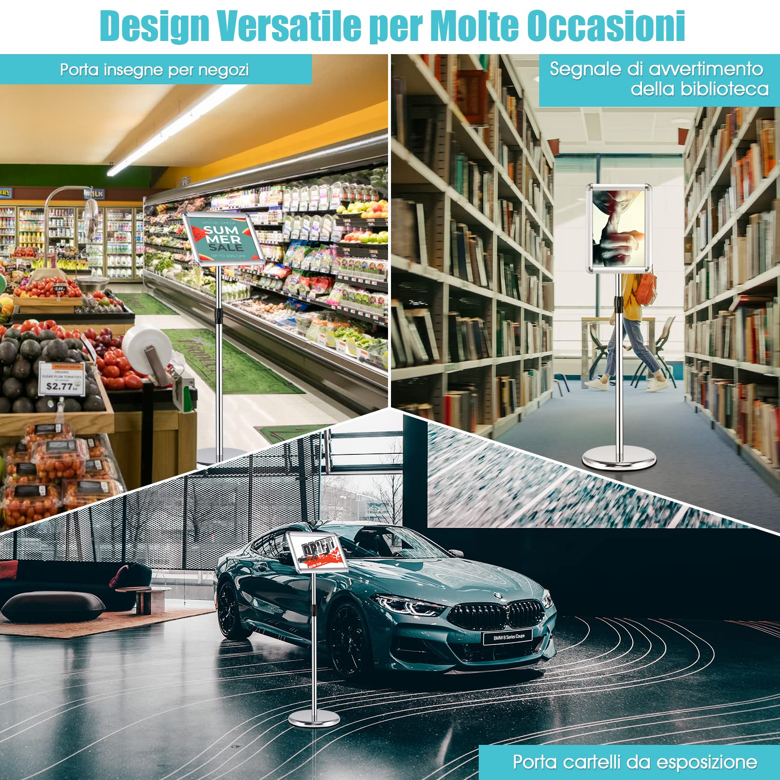 COSTWAY A4 A3 Supporto Poster Espositore da Pavimento in Metallo Girevole Regolabile in Altezza
