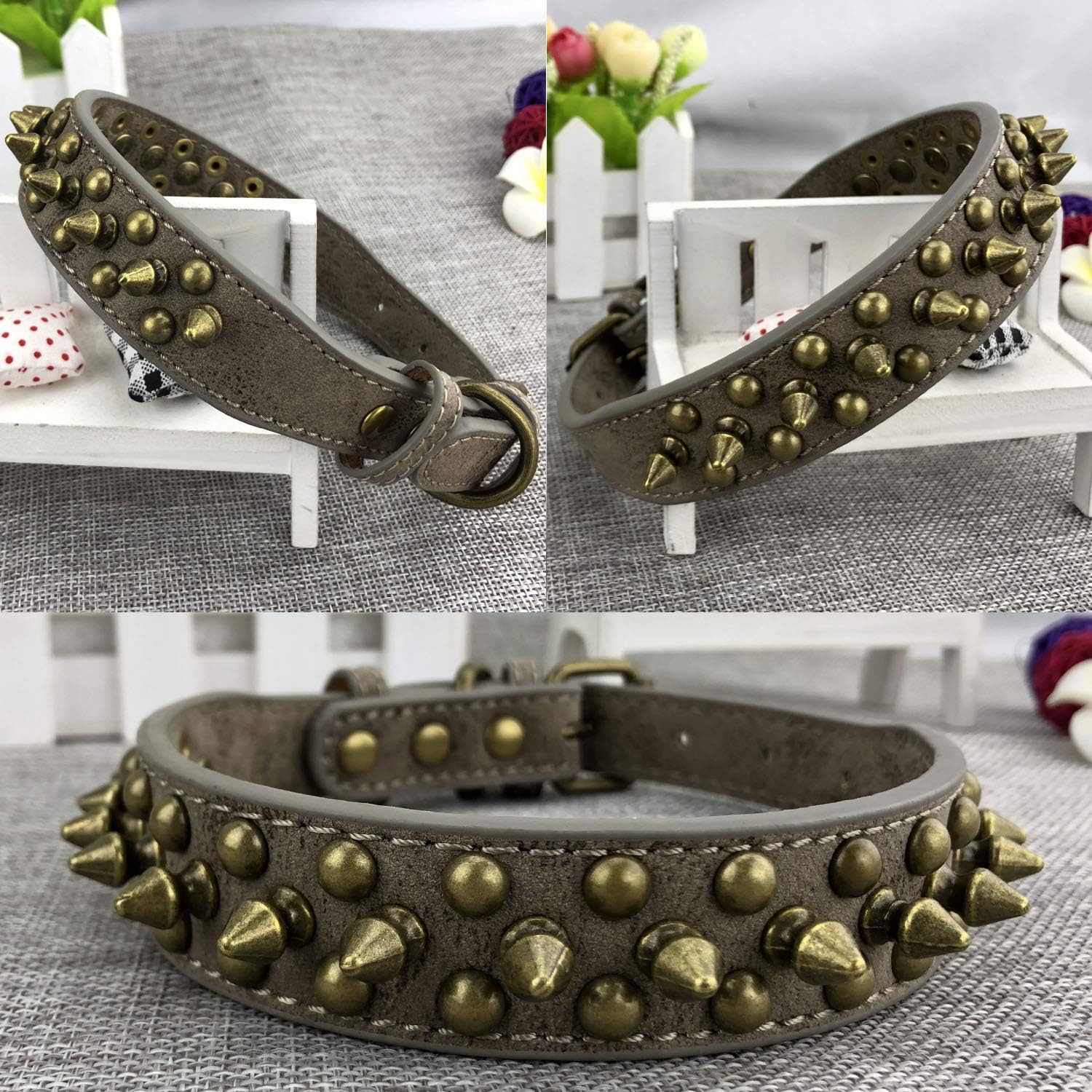 2 Pieces Retro Bronze Studded Dog Collar Puppy Collar with Rivets for Small Dogs Medium Dogs