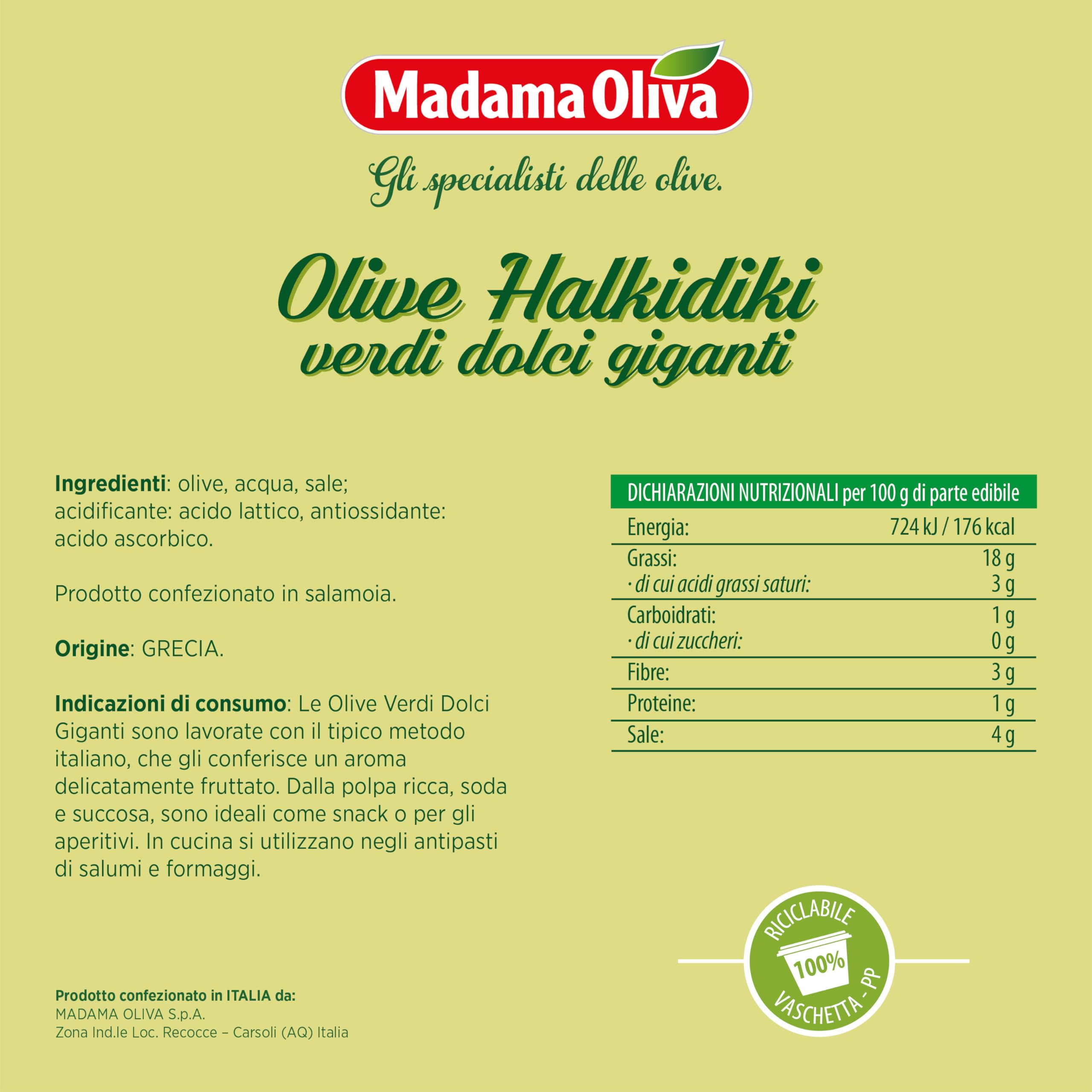 MADAMA OLIVA, Olive Halkidiki, Olive Verdi Dolci Giganti, Polpa Ricca, Soda e Succosa, Ideale per Aperitivi, Senza Conservanti Aggiunti, 6 x 250 gr