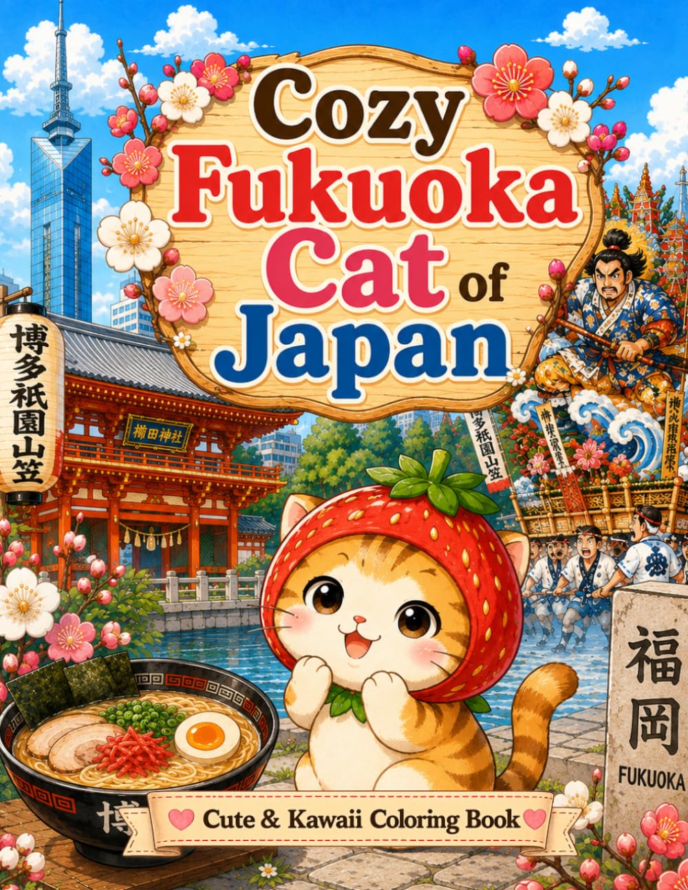 Cozy Fukuoka Cat of Japan: Cute and Relaxing Coloring Book Featuring Fukuoka Landmarks, Local Food, Festivals, and Adorable Cats (Cozy Cat of Japan Series)