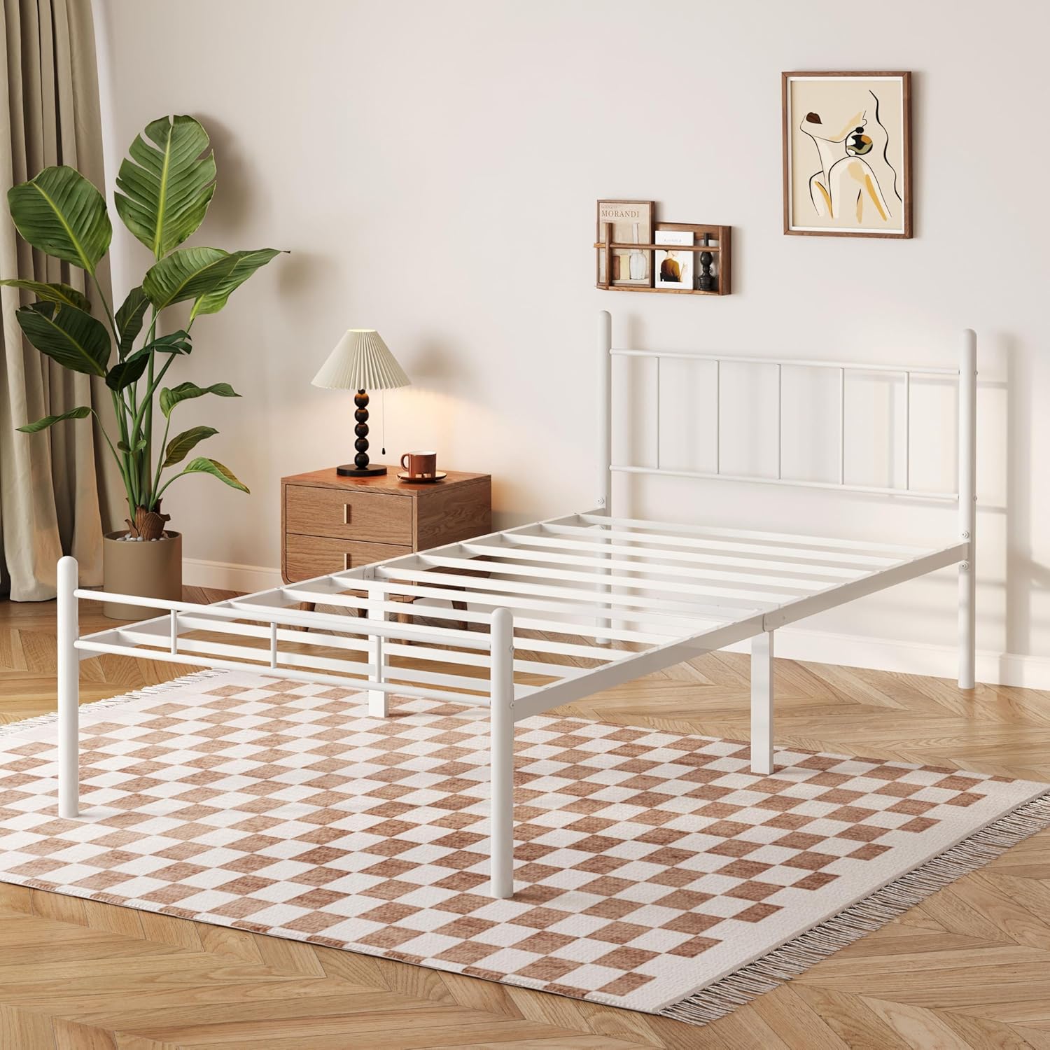 14inch Twin XL Size Bed Frame No Box Spring Needed,Heavy Duty Metal Platform with headboard and Footboard, Noise Free, Sturdy Steel Slat Support, Easy Assembly(White)