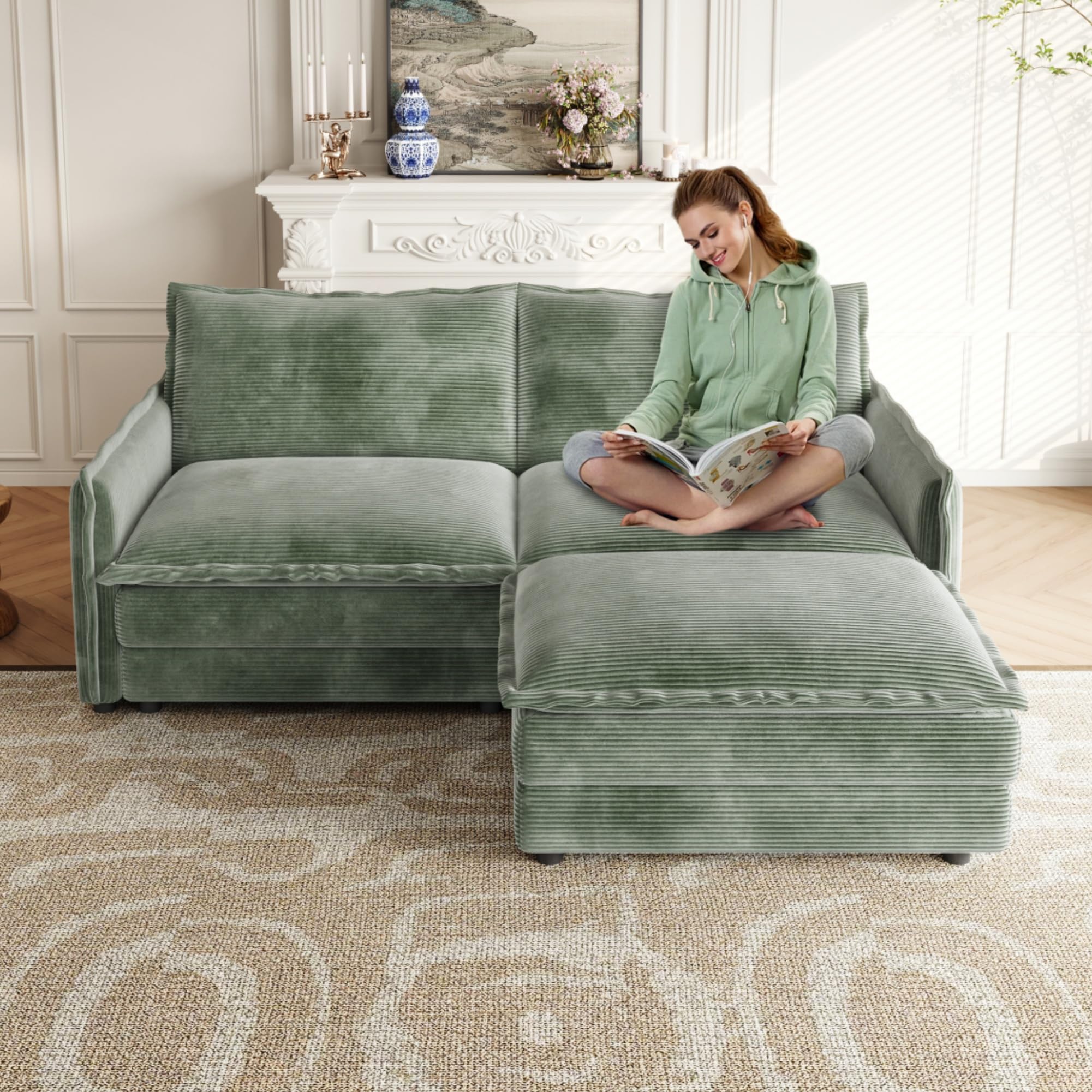 KEIKI 75" Corduroy Oversized Loveseat Sofa with Ottoman, Modular Cloud Sectional Couch, 2 Seat Convertible Sofa for Living Room Bedroom Office