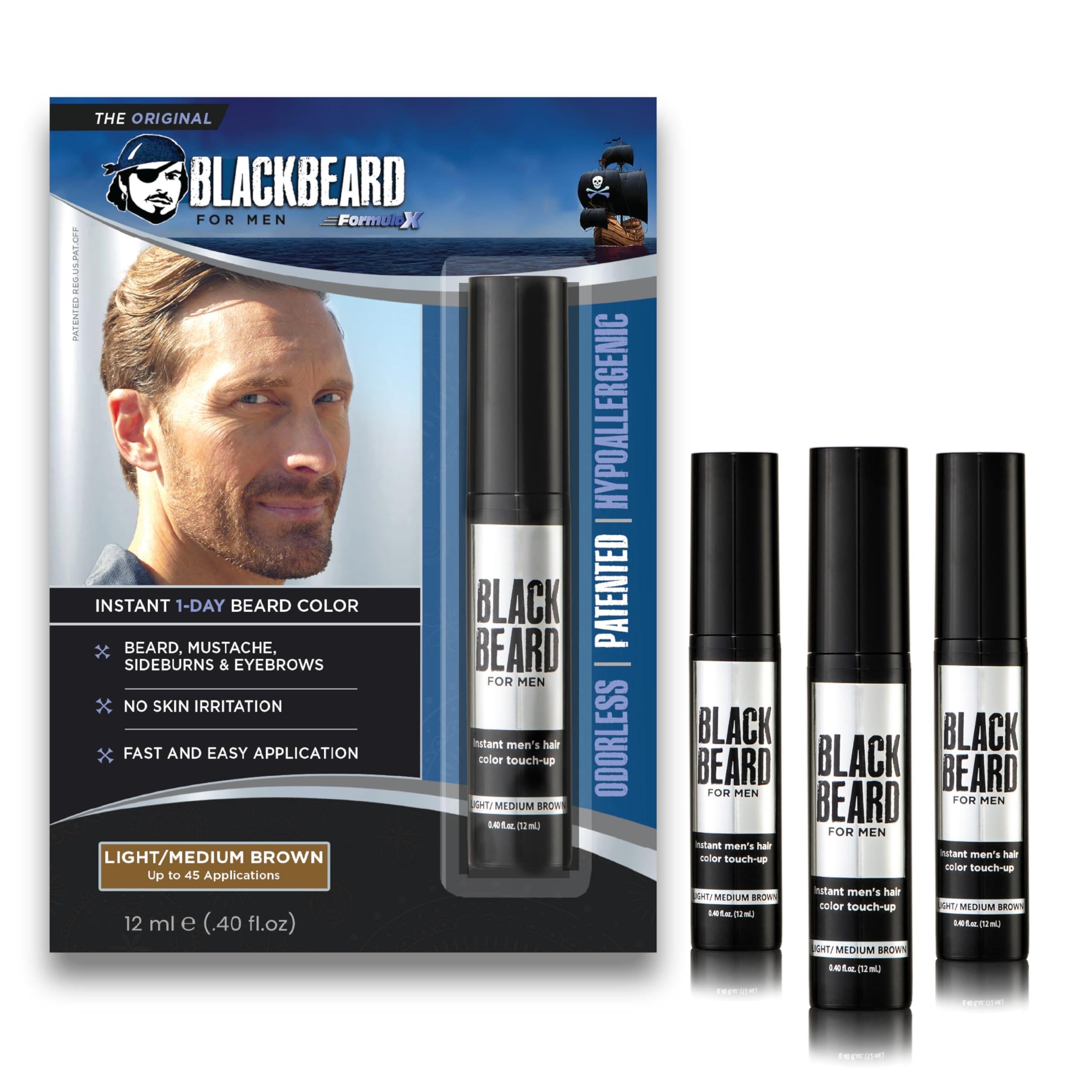 Blackbeard for Men Instant Beard Color – All Day Beard, Mustache, Eyebrow, and Sideburns Color – Temporary, Hypoallergenic Beard Dye Alternative – Up to 45 applications – Light/Medium Brown, 3 Pack