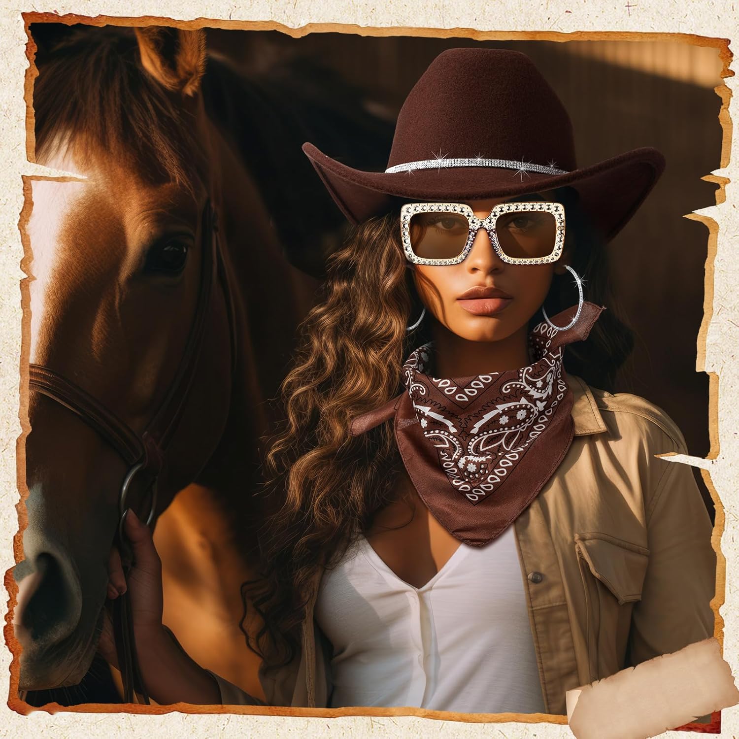 Hercicy 7 Pcs Western Costume Outfit Women Glitter Hat Sunglasses Bandana Bracelet Earring Accessory Halloween Cosplay - Image 7