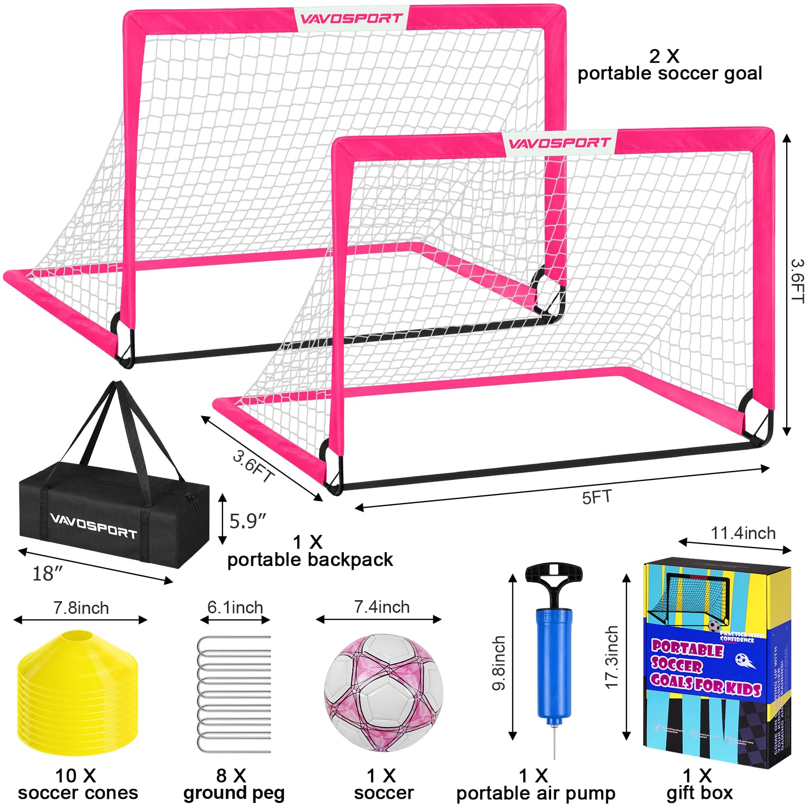 Soccer Goals for Backyard Set - 2 of 5' x 3.6' Portable Soccer Goal Training Equipment, Pop Up Soccer Net with Soccer Ball, Soccer Set for Games, Sports view 2