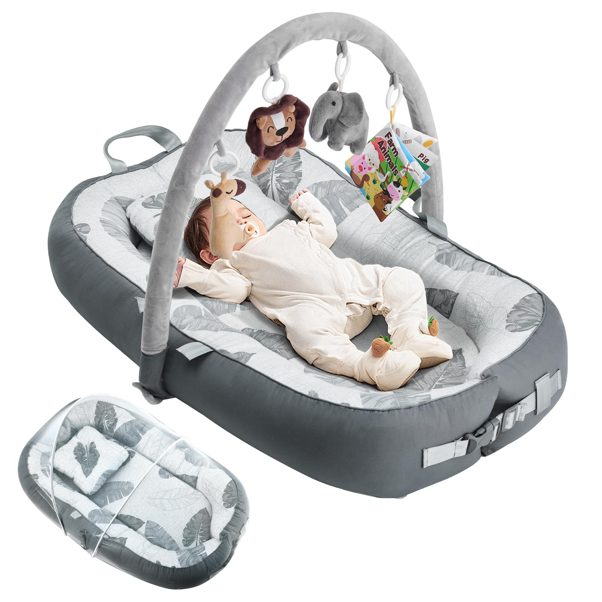 Blufeish Portable Baby Lounger with 4 Toys,Infant Lounger with Fitness Rack 0-24 Months,Co Sleeping Breathable & Soft 100% Cotton Newborn Lounger Machine-Washable (Baby Lounger with Fitness Rack)