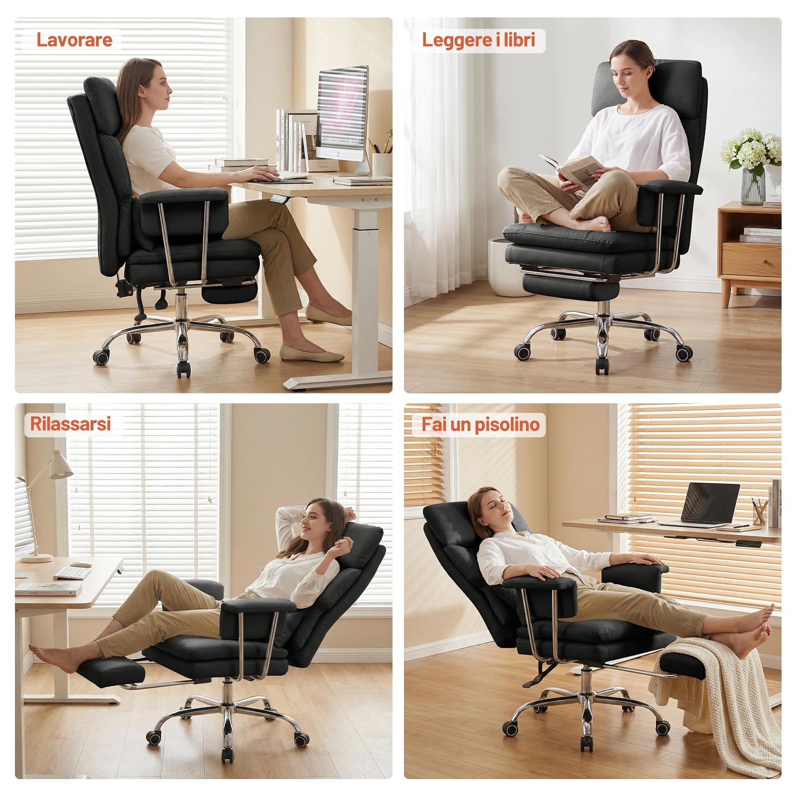 Sedia da Ufficio Direzionale con Poggiapiedi, Poltrona Ufficio Ergonomica Reclinabile in Pelle PU, Sedia da Computer con Cuscino Ispessito e Supporto Lombare 200kg, Nero