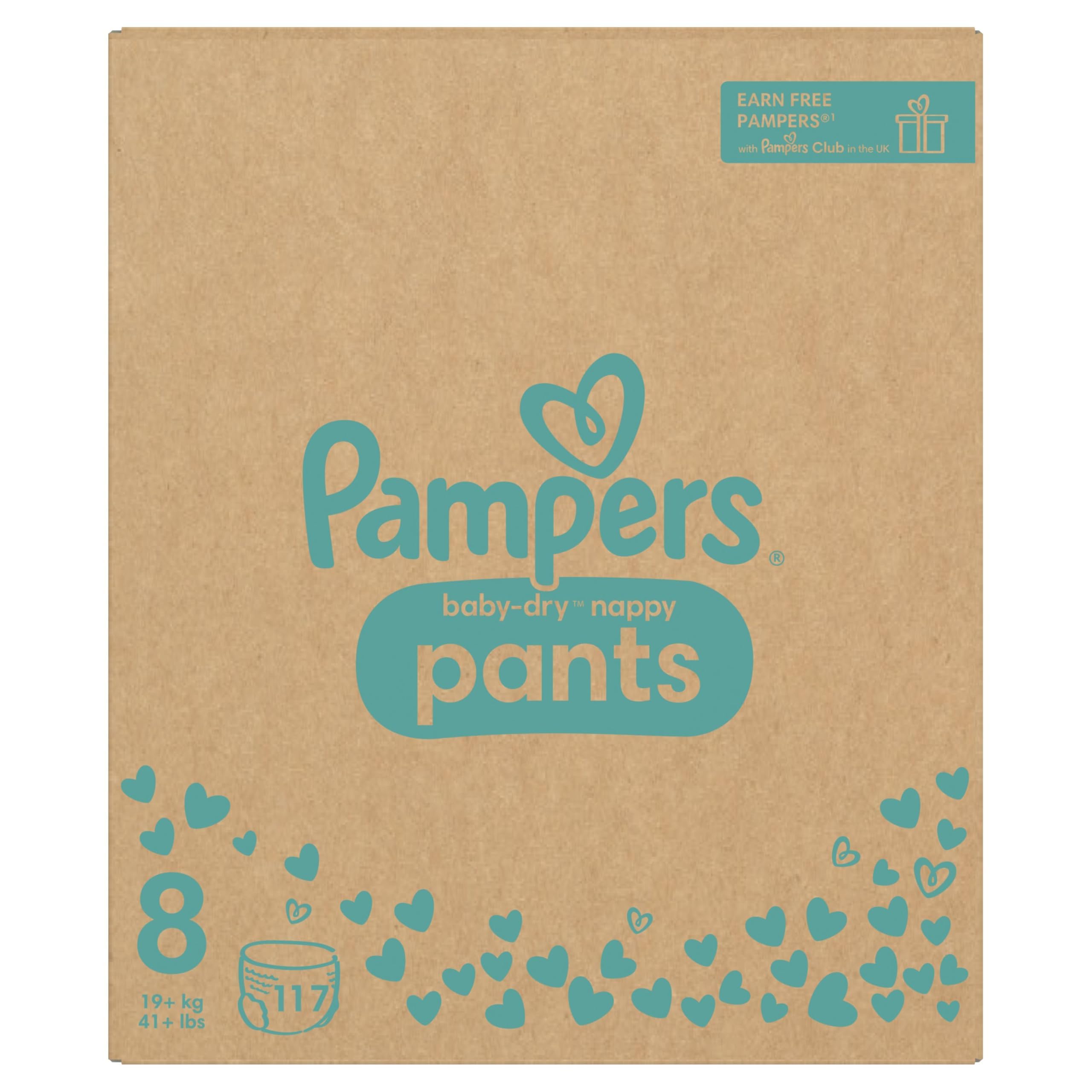 Pampers Baby-Dry Nappy Pants, Size 8 (19kg Plus) 117 Nappies, MONTHLY SAVING PACK, Stop and Protect Pocket for Leak Free Protection