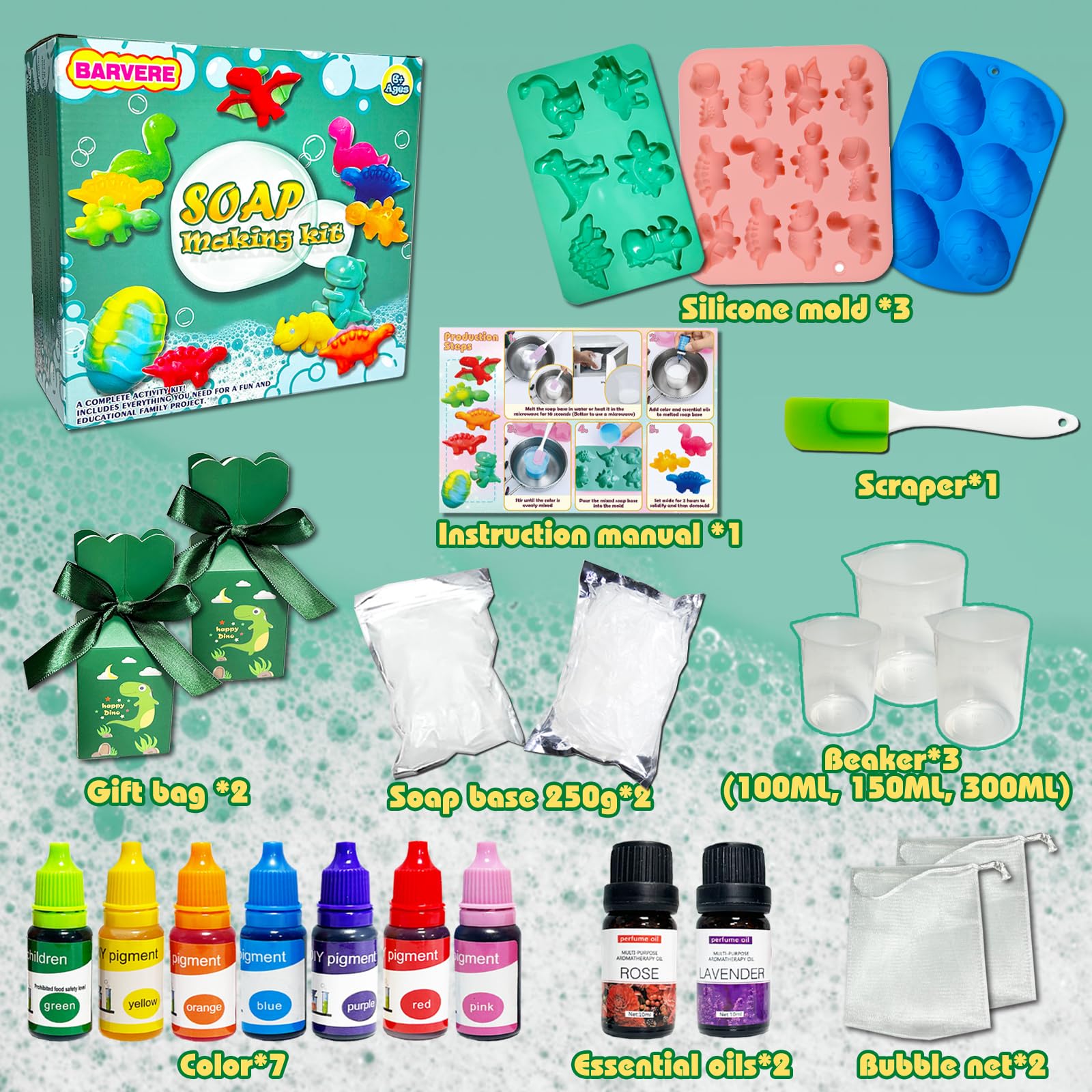 Kit Sapone Fai Da Te per Bambini, 500g Sapone, 14 Forme, 7 Pigmenti, 2
