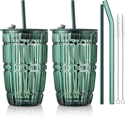 Joeyan Vaso verde de 14.5 onzas con tapa y pajita, tazas de vidrio para café helado a rayas, tarro de té de batido de color, bebidas portátiles de disponible en Yaxa Guatemala