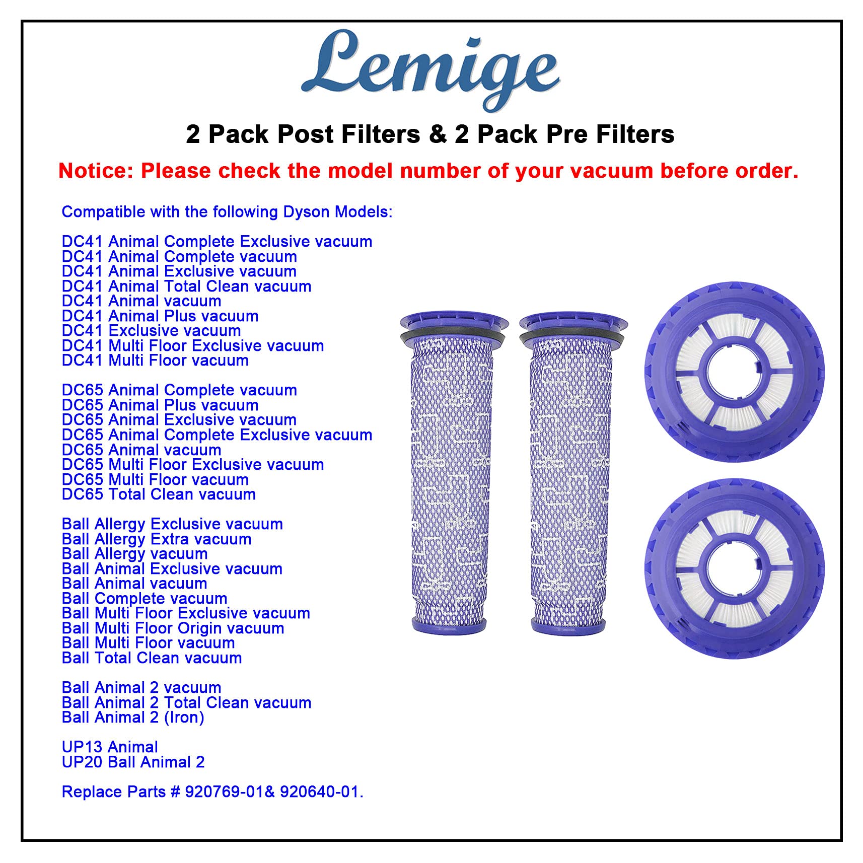 Lemige 2 Pack Post Filters & 2 Pack Pre Filters Replacement for Dyson DC65 DC66 DC41 UP13 UP20 Animal, Multi Floor and Ball Vacuums, Compare to Part ...