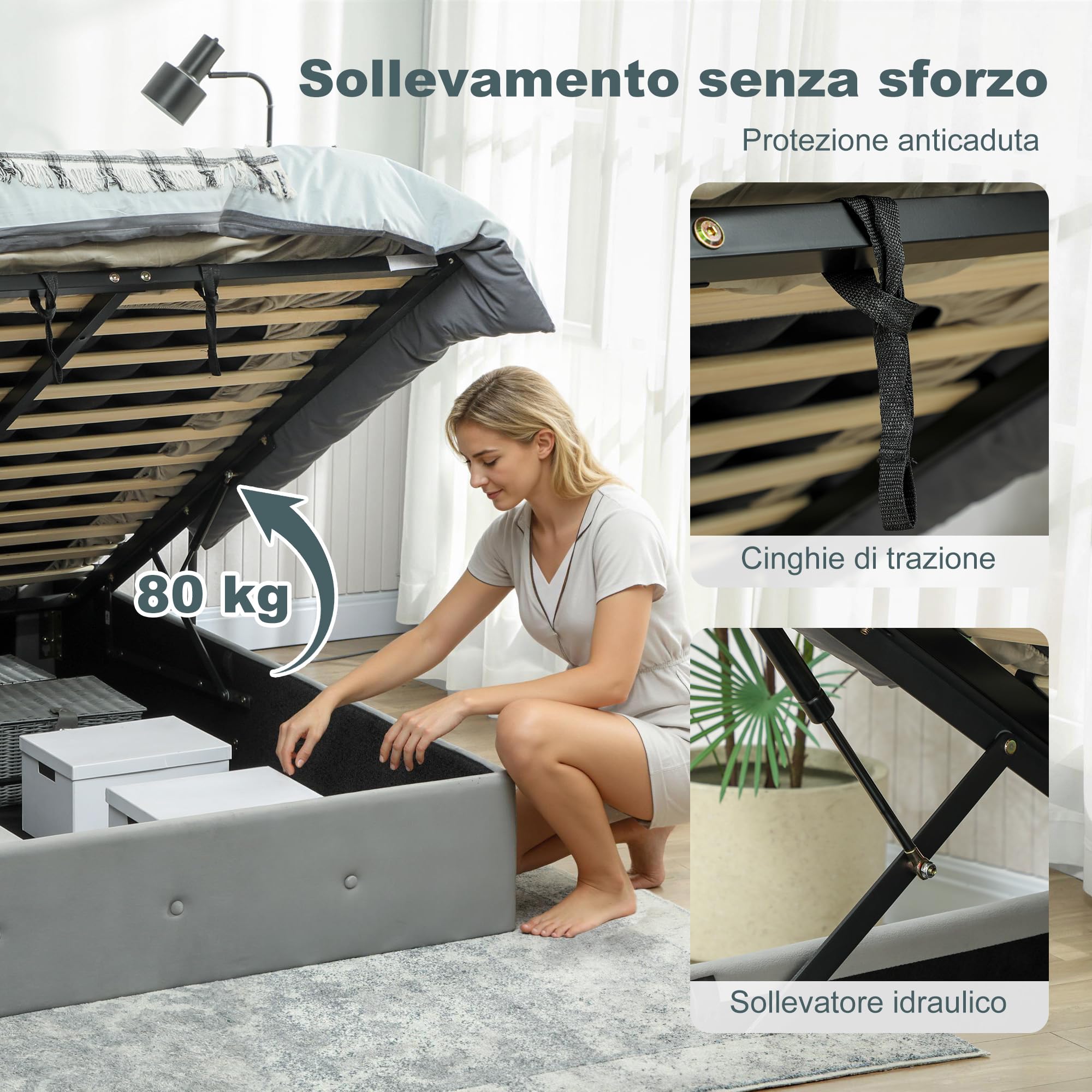 HOMCOM Struttura Letto Matrimoniale 140x190 cm con Contenitore Grigio