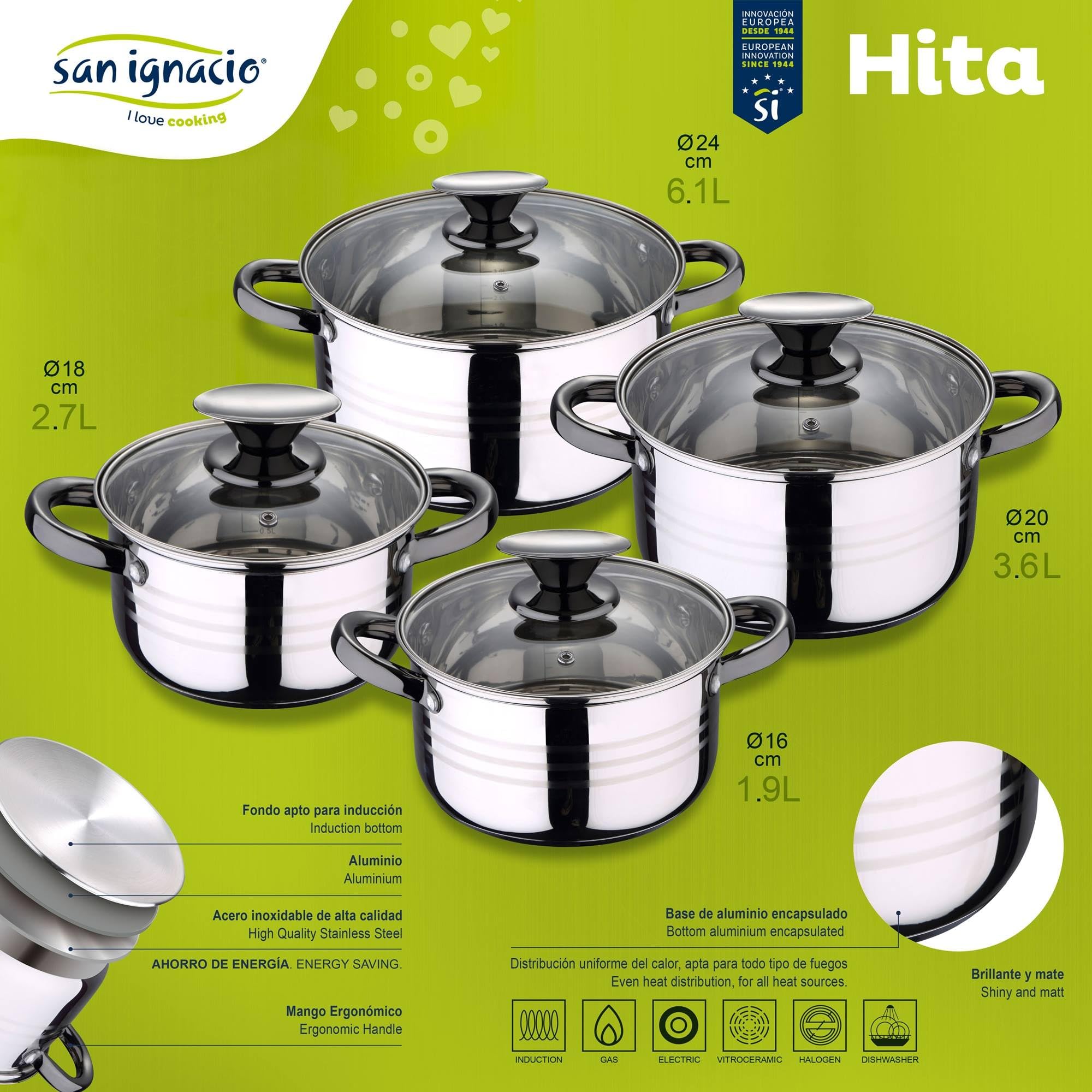 San Ignacio Juego de Batería Hita de cocina de 8 piezas + 3 sartenes 16/20/24cm aluminio